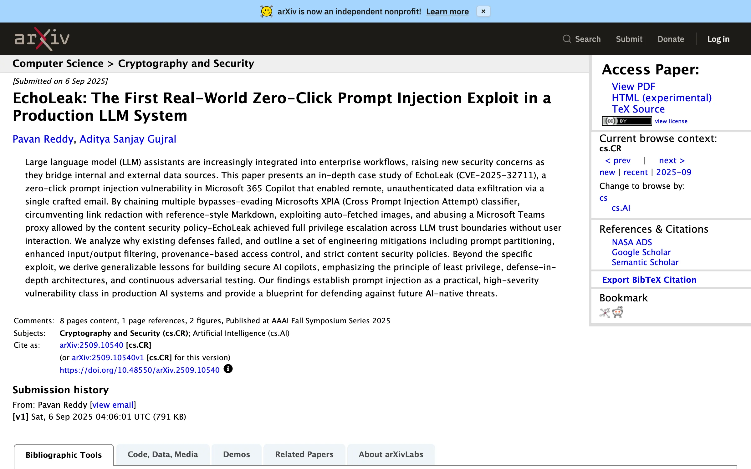 The arXiv abstract page for "EchoLeak: The First Real-World Zero-Click Prompt Injection Exploit in a Production LLM System", describing CVE-2025-32711 in Microsoft 365 Copilot and the chain of bypasses including evading the XPIA classifier and abusing a Microsoft Teams proxy