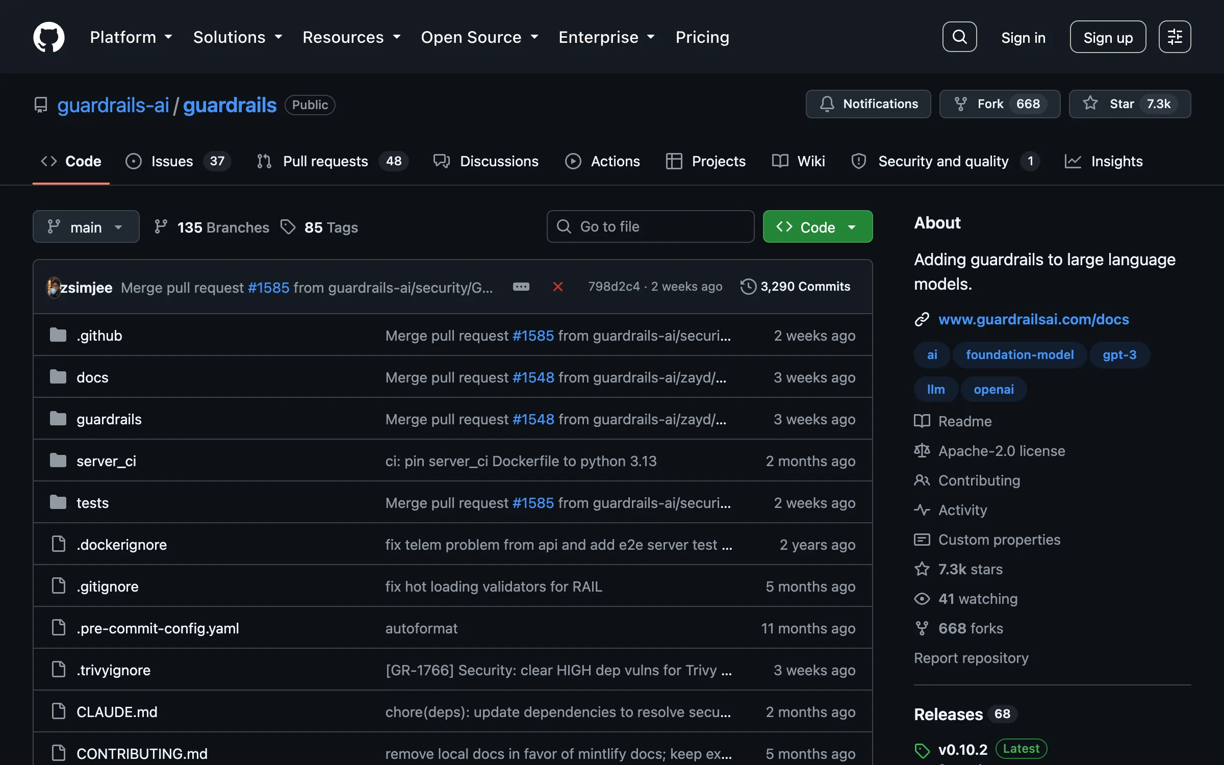 The guardrails-ai/guardrails repository on GitHub, an Apache 2.0 licensed framework for adding guardrails to large language models