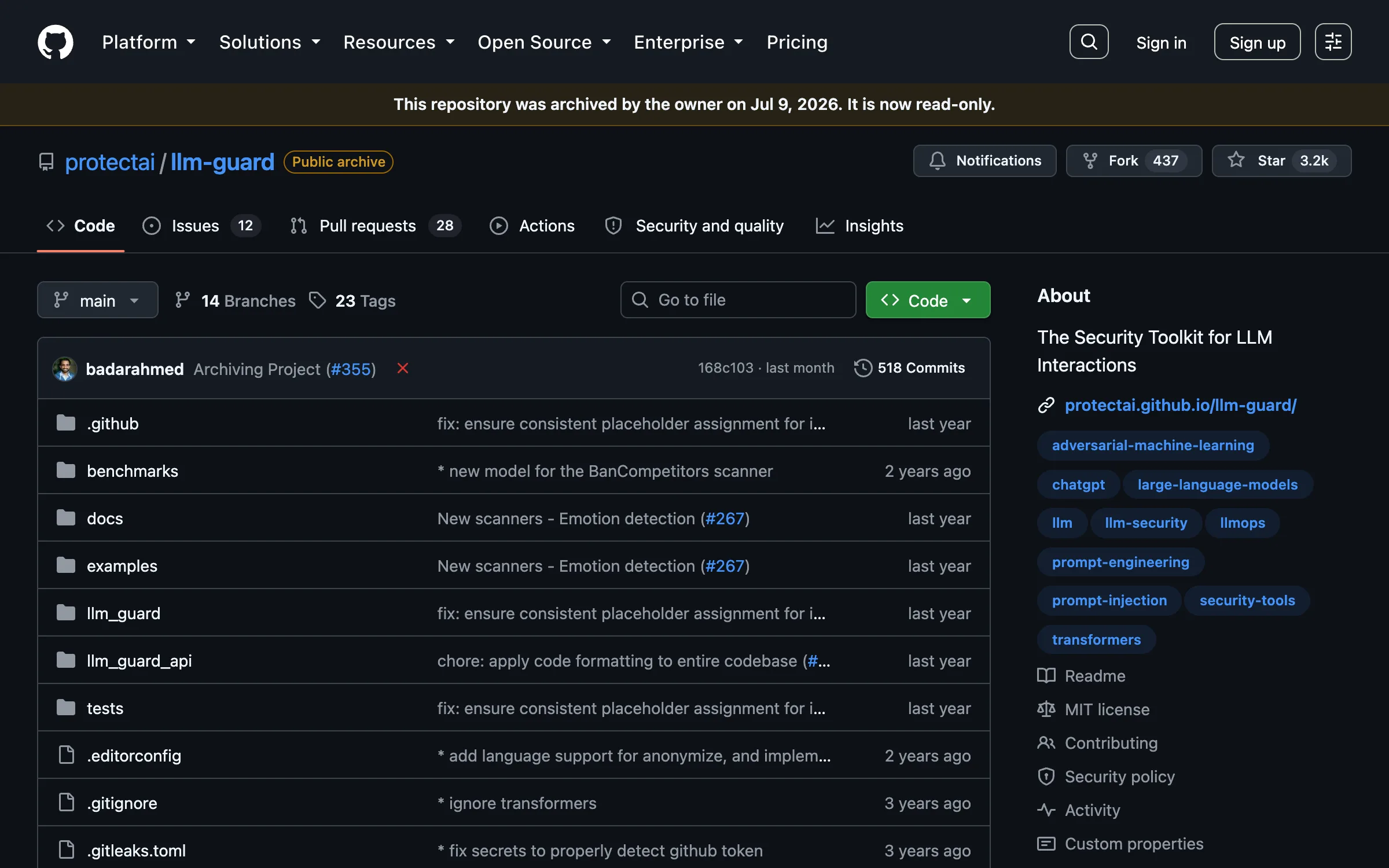 The protectai/llm-guard repository on GitHub showing a banner reading "This repository was archived by the owner on Jul 9, 2026. It is now read-only", a Public archive badge, 3.2k stars and an MIT license