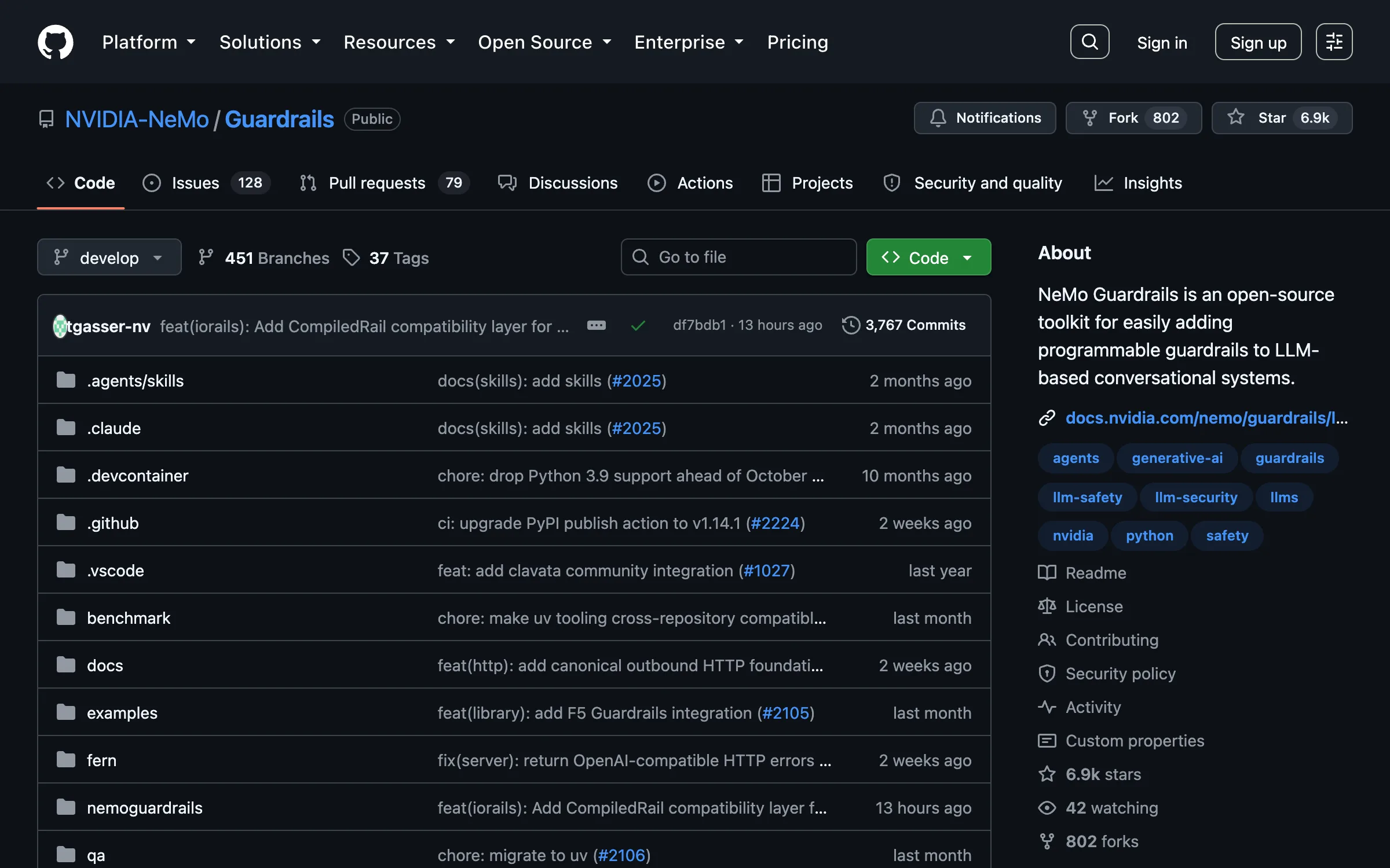 The Guardrails repository on GitHub under the NVIDIA-NeMo organization, showing 6.9k stars, 802 forks, a commit from 13 hours ago and a description of an open-source toolkit for adding programmable guardrails to LLM-based conversational systems