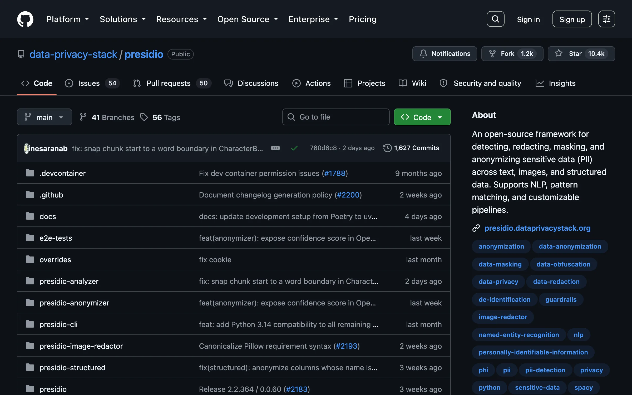 The presidio repository on GitHub under the data-privacy-stack organization, showing 10.4k stars, an MIT license, and a description covering detection, redaction, masking and anonymization of sensitive data across text, images and structured data