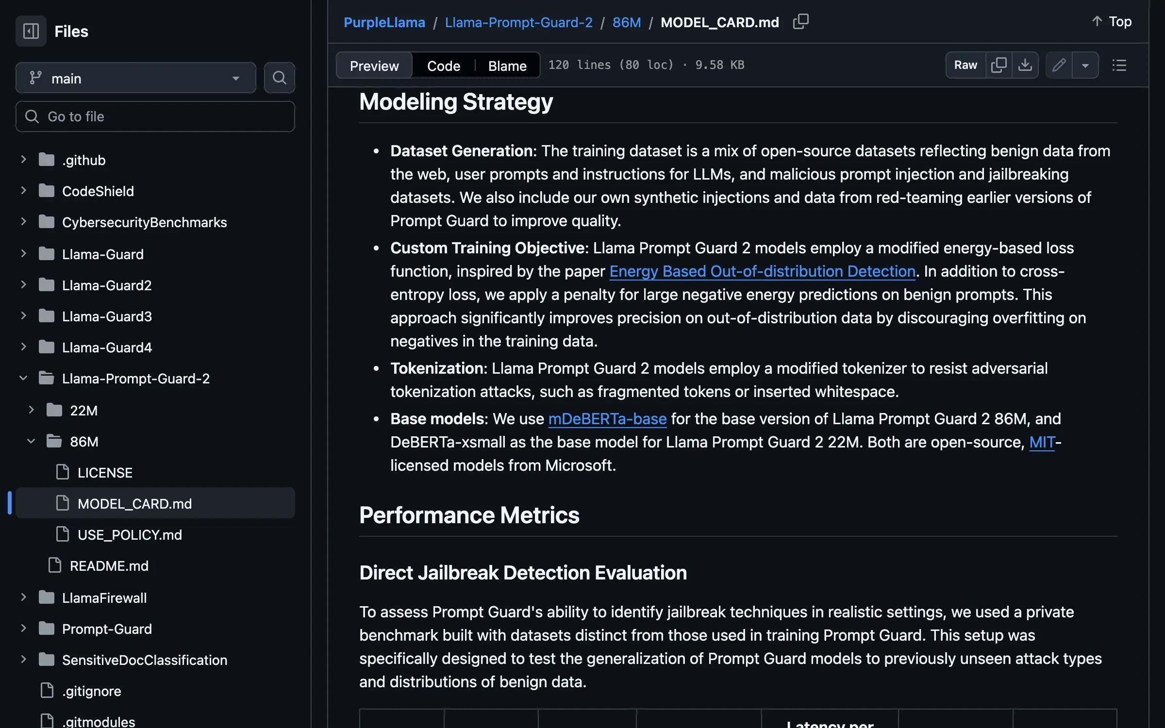 The Llama Prompt Guard 2 86M model card on GitHub, showing that the models use a modified tokenizer to resist adversarial tokenization attacks such as fragmented tokens or inserted whitespace, and that the base models mDeBERTa-base and DeBERTa-xsmall are open-source MIT-licensed models from Microsoft