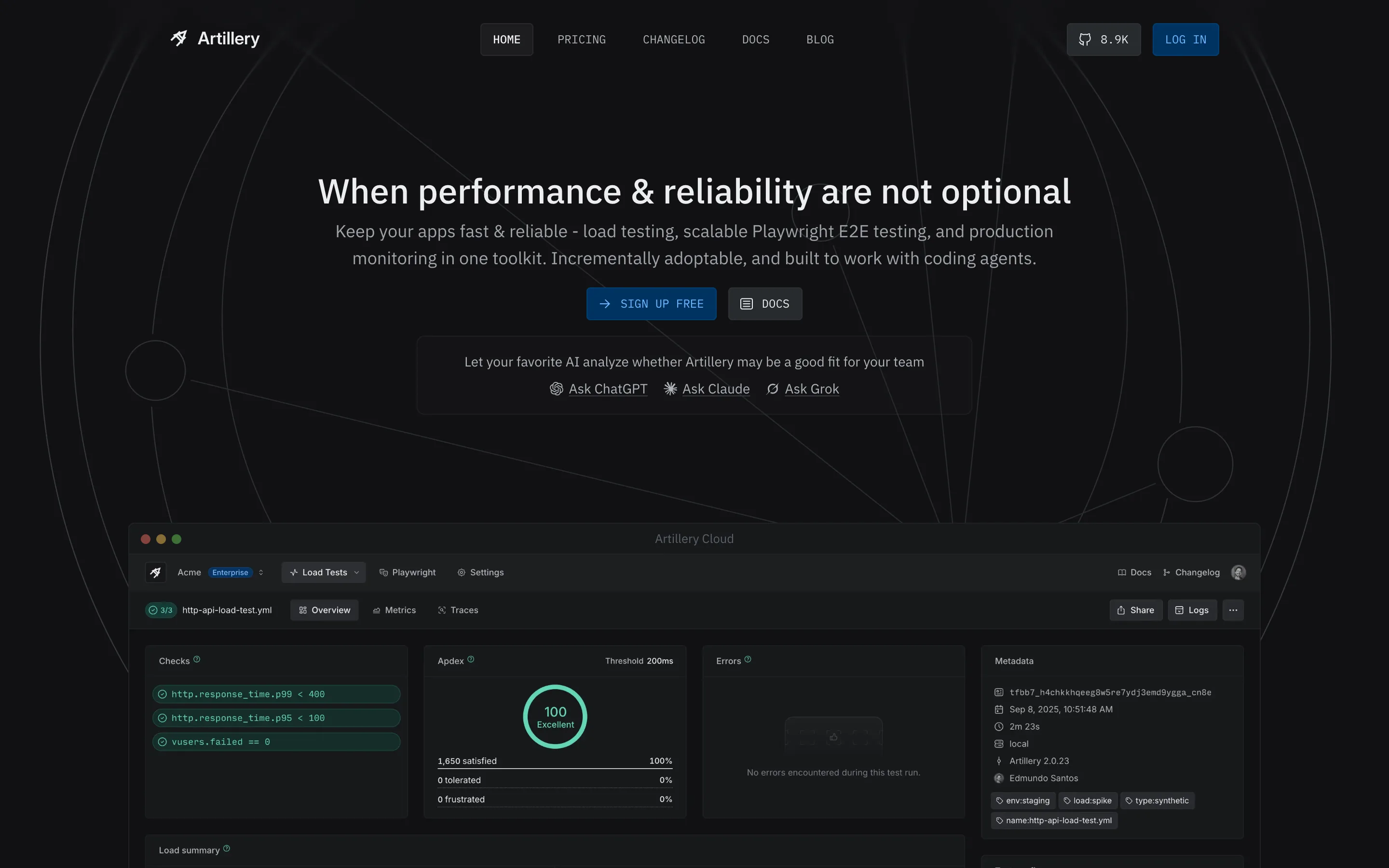 Artillery homepage headlined "When performance & reliability are not optional" above an Artillery Cloud dashboard showing passing p99 and p95 response time checks and an Apdex score of 100