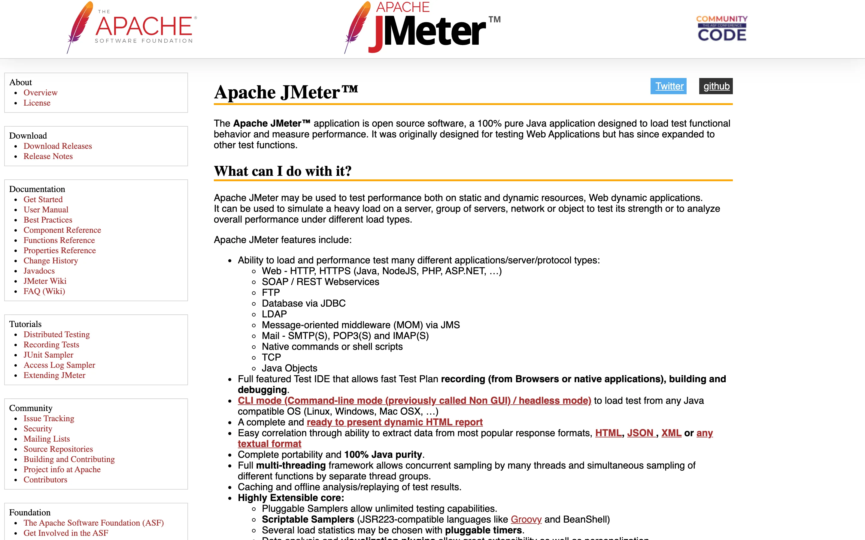 Apache JMeter homepage describing it as a 100% pure Java application designed to load test functional behavior and measure performance, with a feature list covering HTTP, SOAP/REST, FTP, JDBC, LDAP and JMS