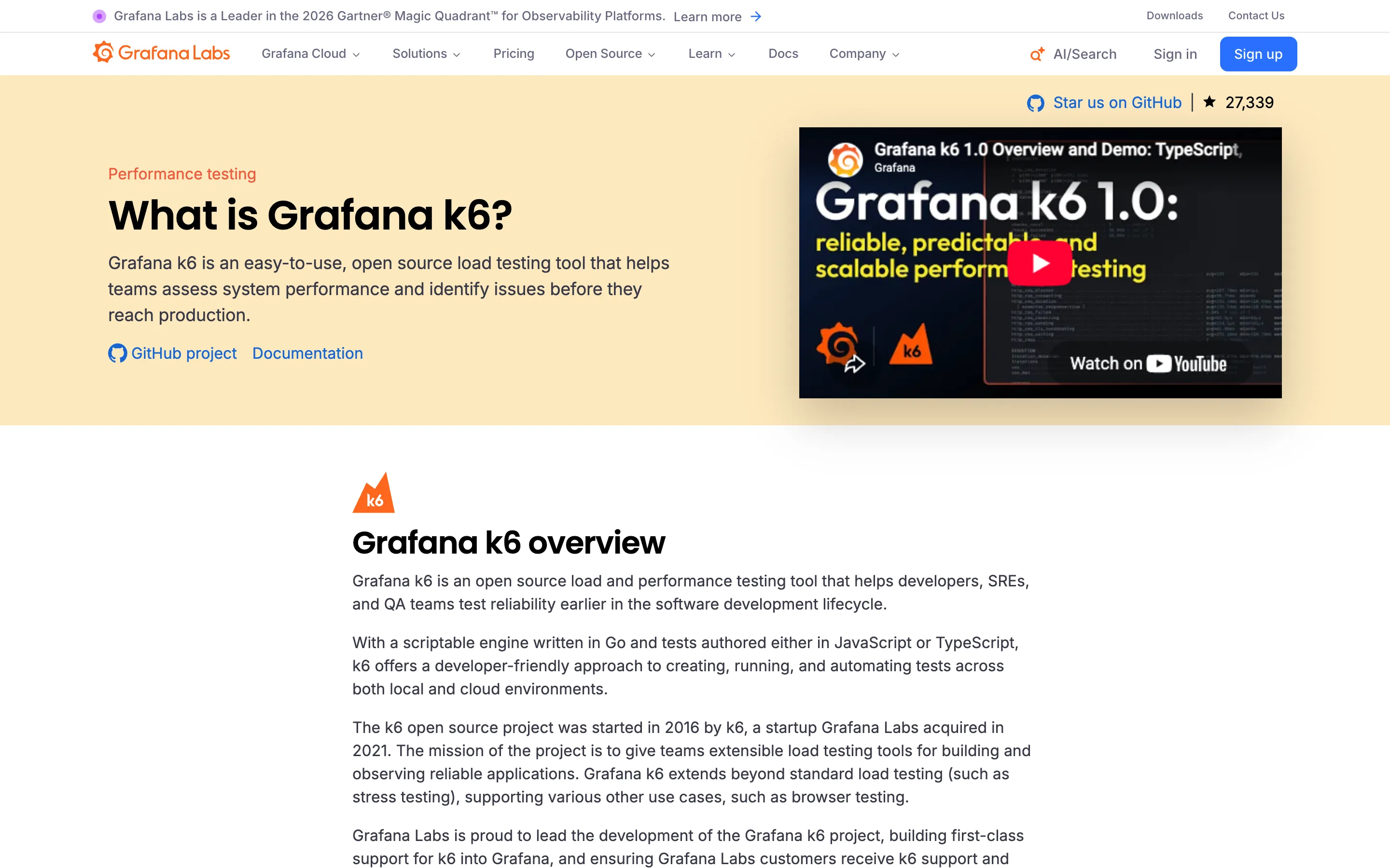 Grafana k6 overview page describing it as an open source load testing tool with a scriptable engine written in Go and tests authored in JavaScript or TypeScript