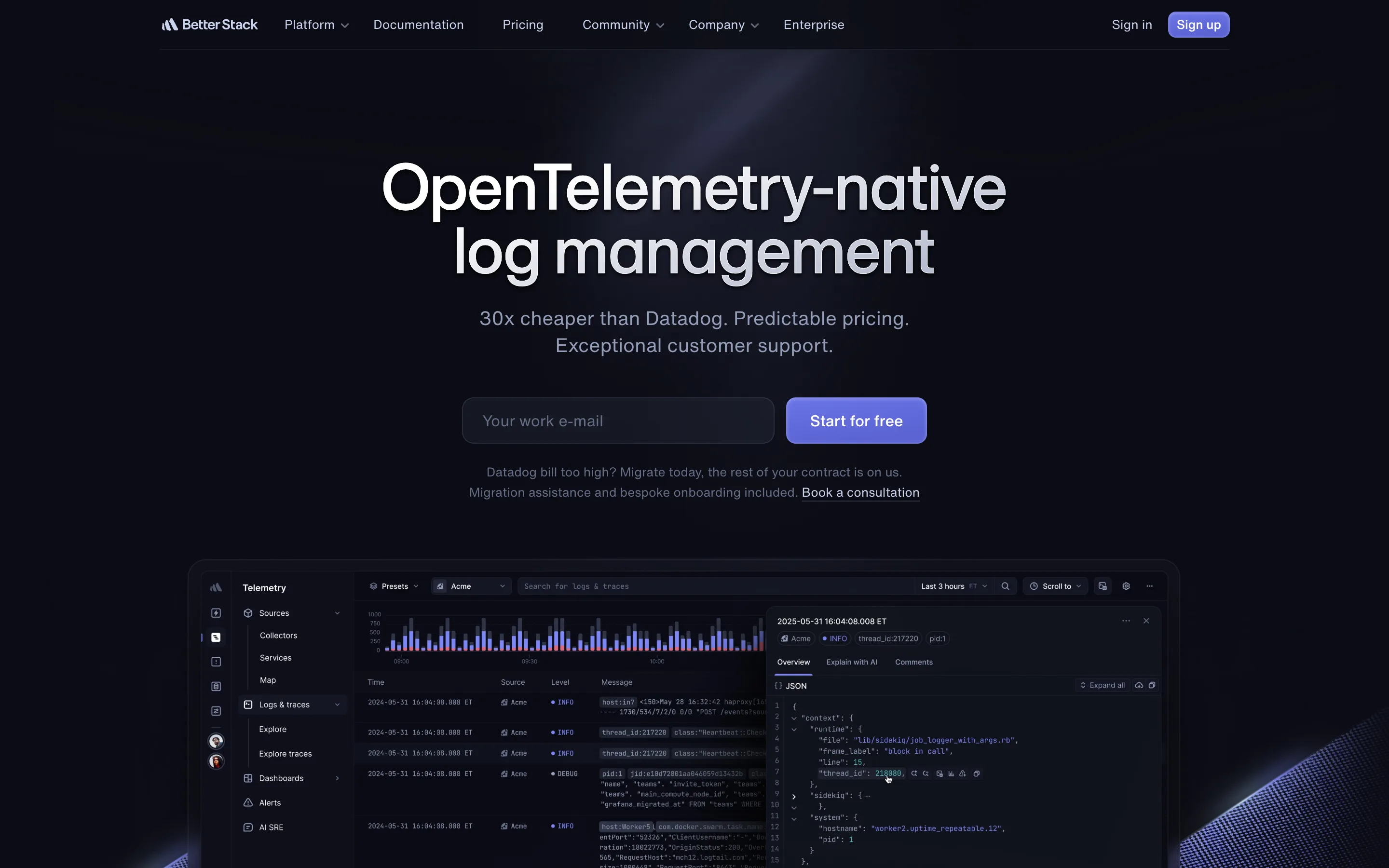 Better Stack page headed OpenTelemetry-native log management, subtitled 30x cheaper than Datadog, above a telemetry explorer