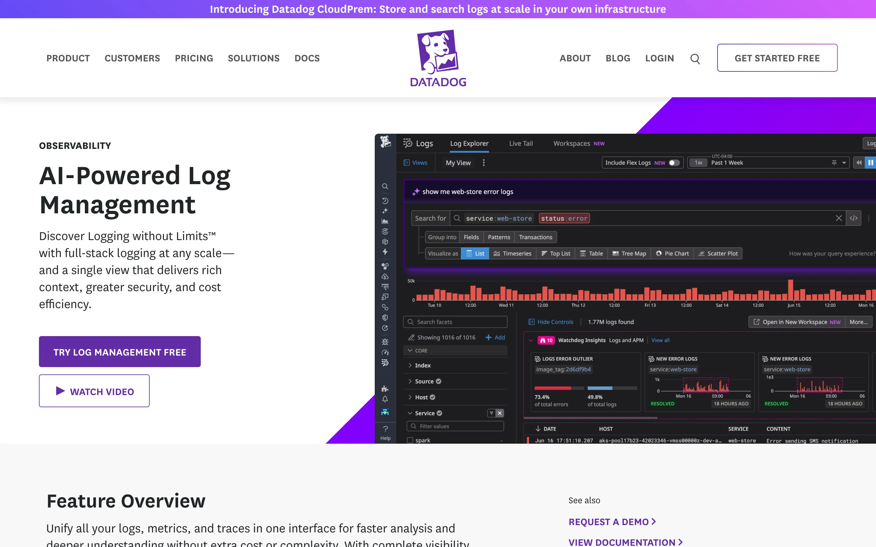 Datadog page headed AI-Powered Log Management beside a Log Explorer showing an error query and Watchdog Insights cards
