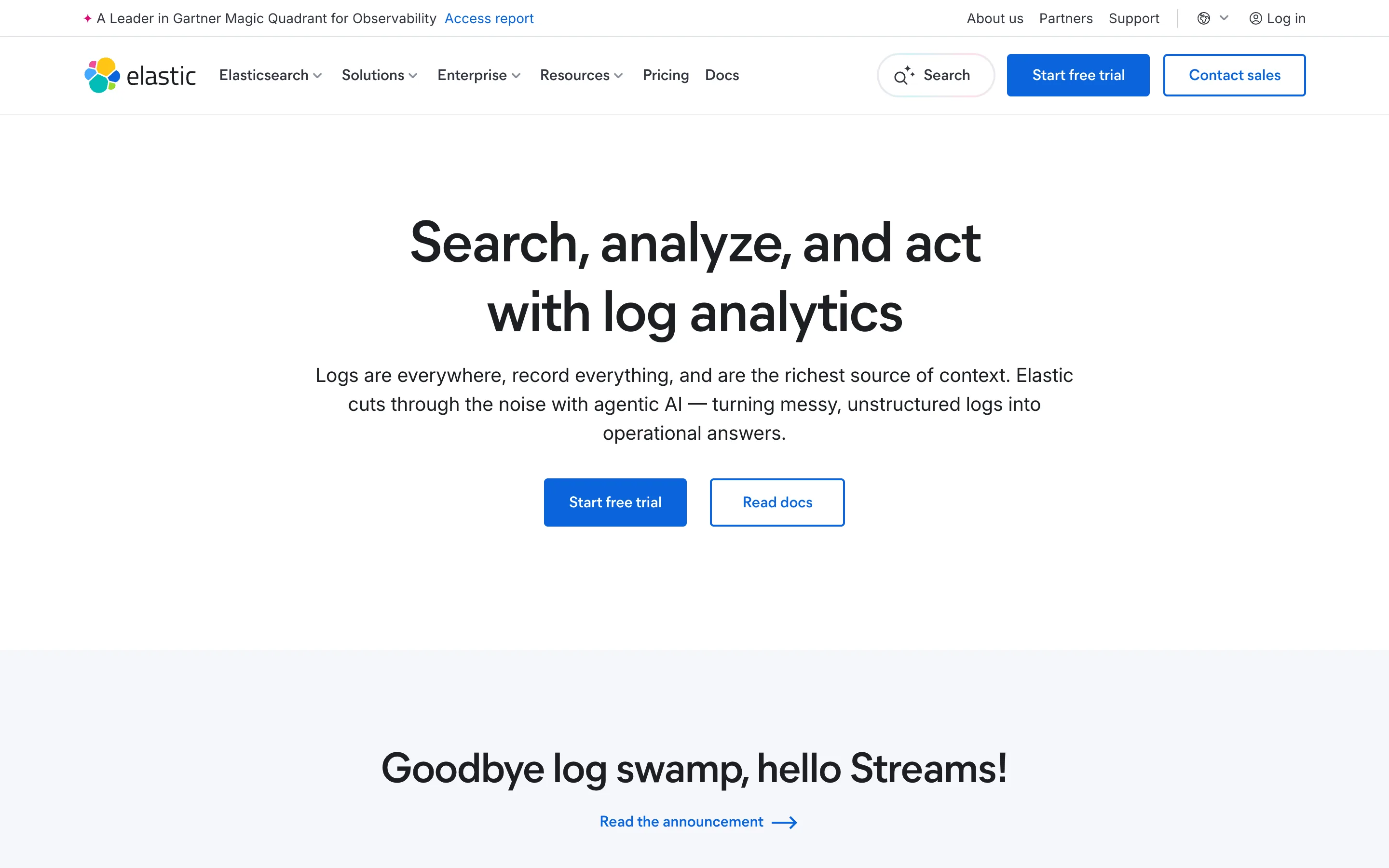Elastic page headed Search, analyze, and act with log analytics, above a section titled Goodbye log swamp, hello Streams