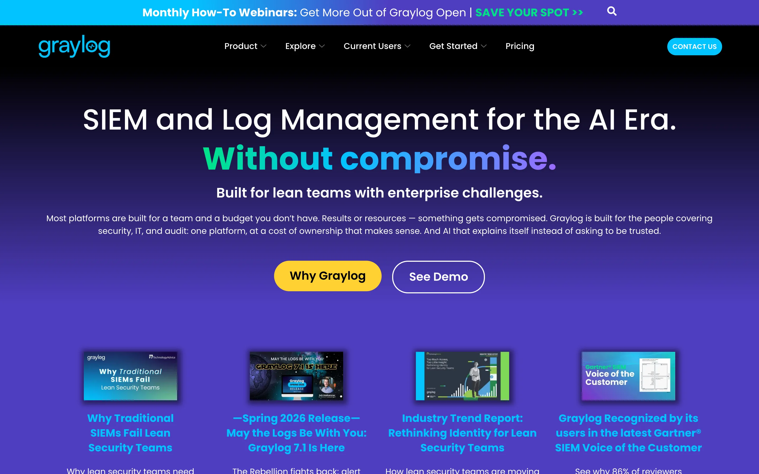 Graylog homepage headed SIEM and Log Management for the AI Era, Without compromise, built for lean teams