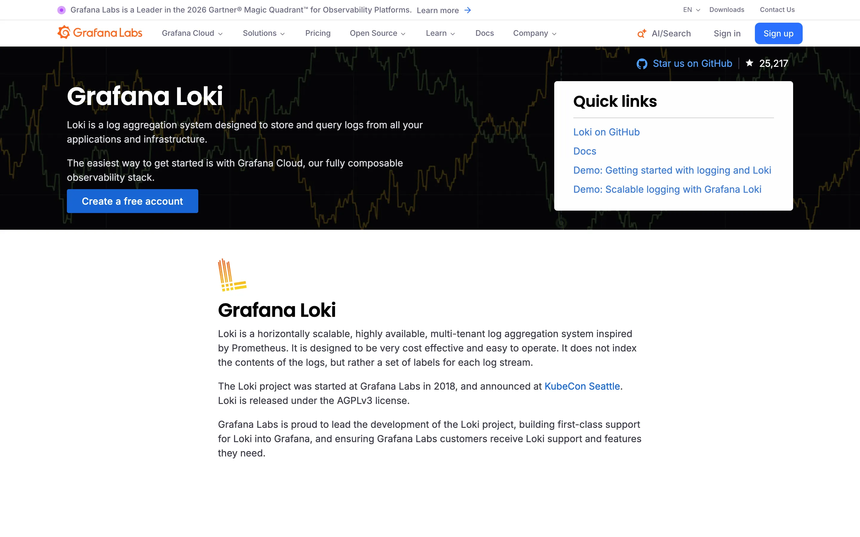 Grafana Loki project page describing Loki as a log aggregation system, showing 25,217 GitHub stars