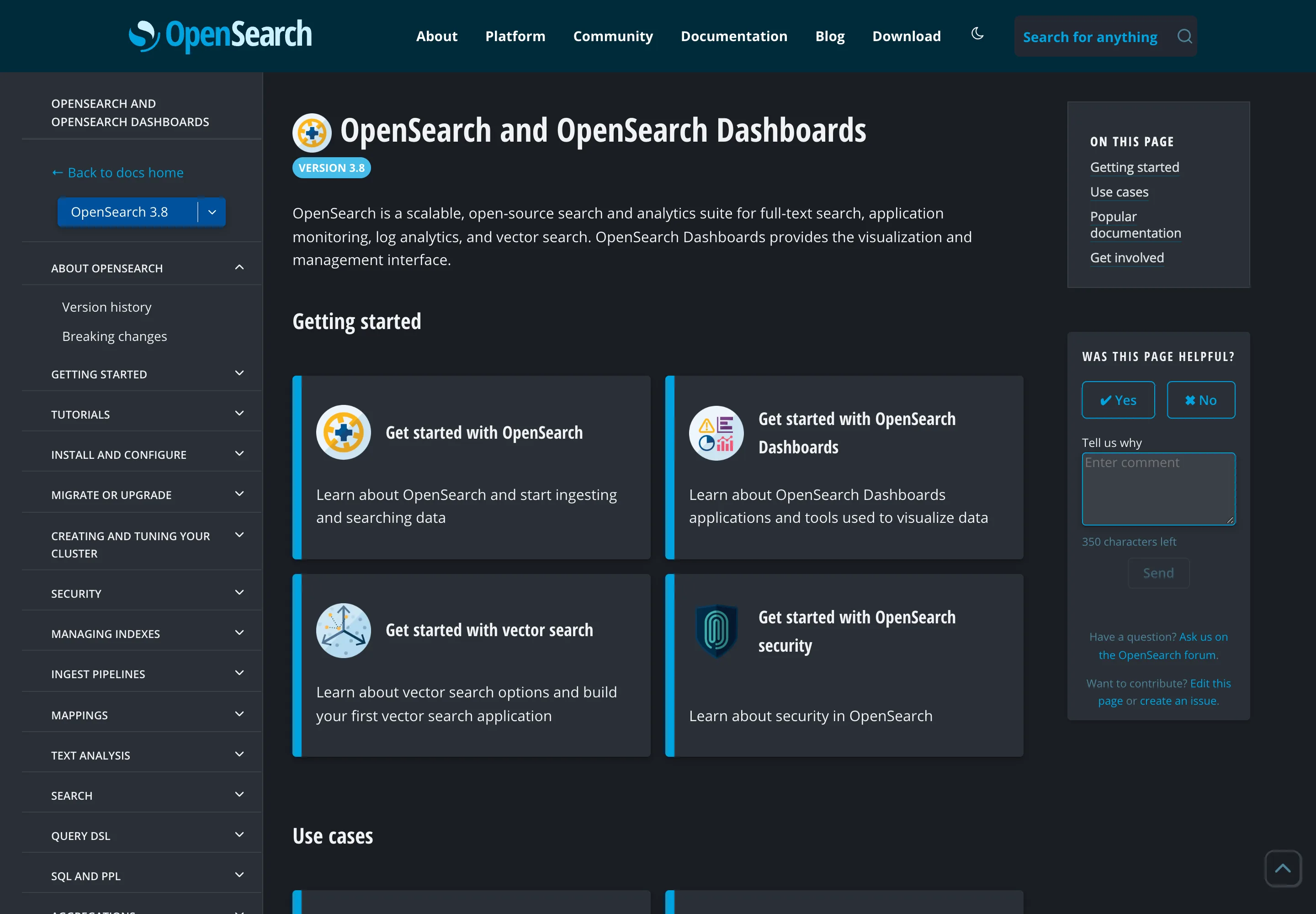 OpenSearch documentation for version 3.8, describing a search and analytics suite covering log analytics and vector search
