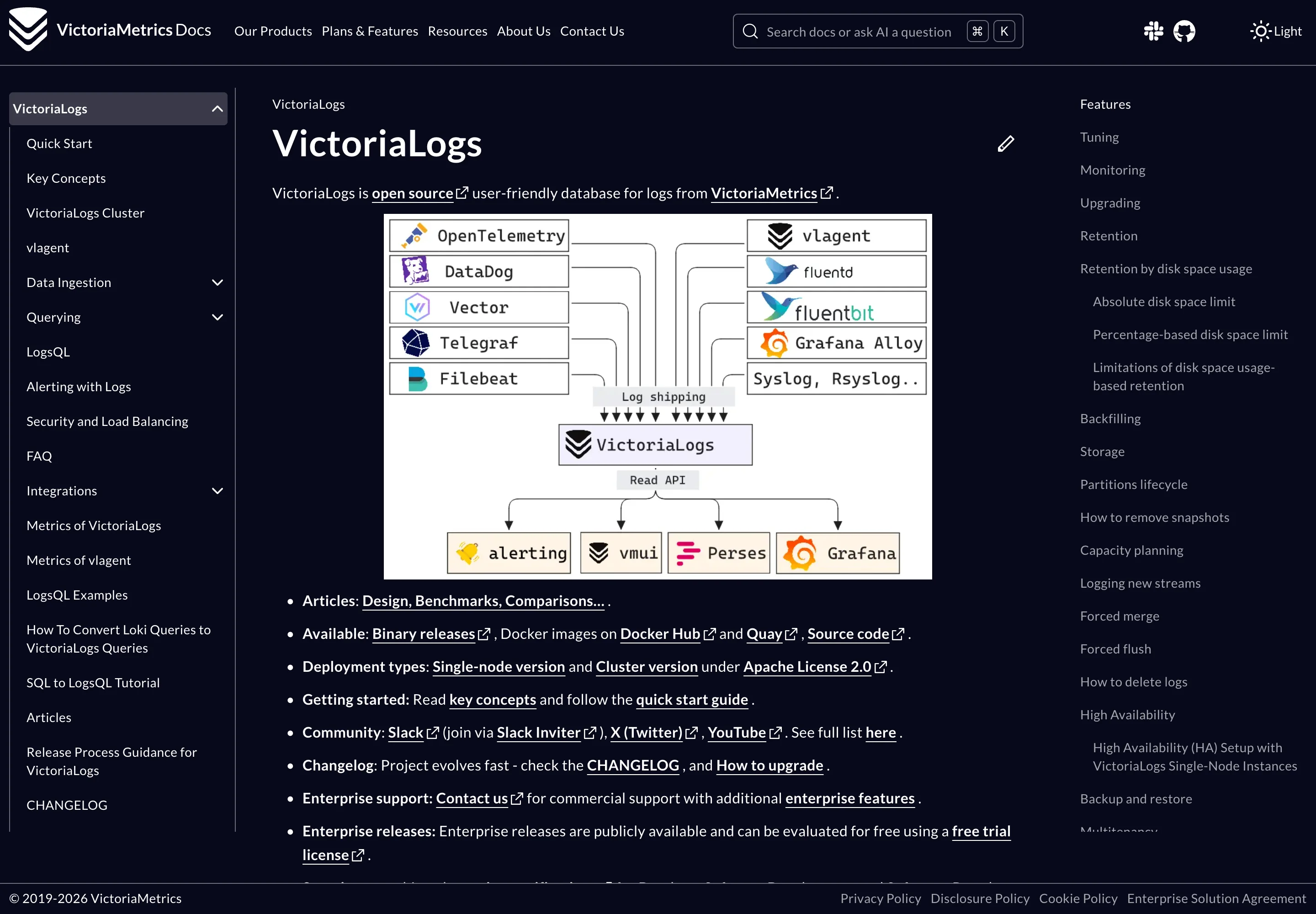 VictoriaLogs docs architecture diagram with OpenTelemetry, Vector, Filebeat and Syslog shipping into VictoriaLogs, serving Grafana and vmui