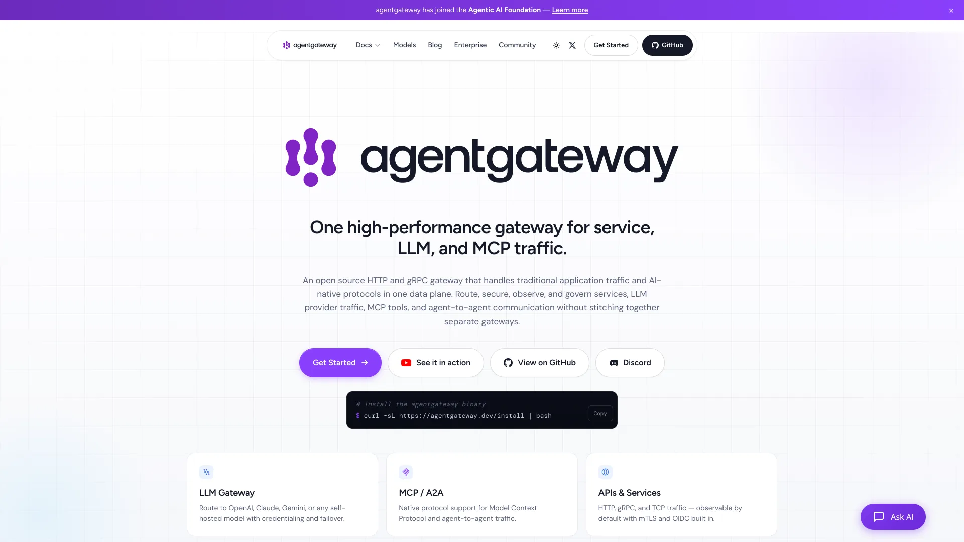 agentgateway homepage headline about one gateway for service, LLM and MCP traffic