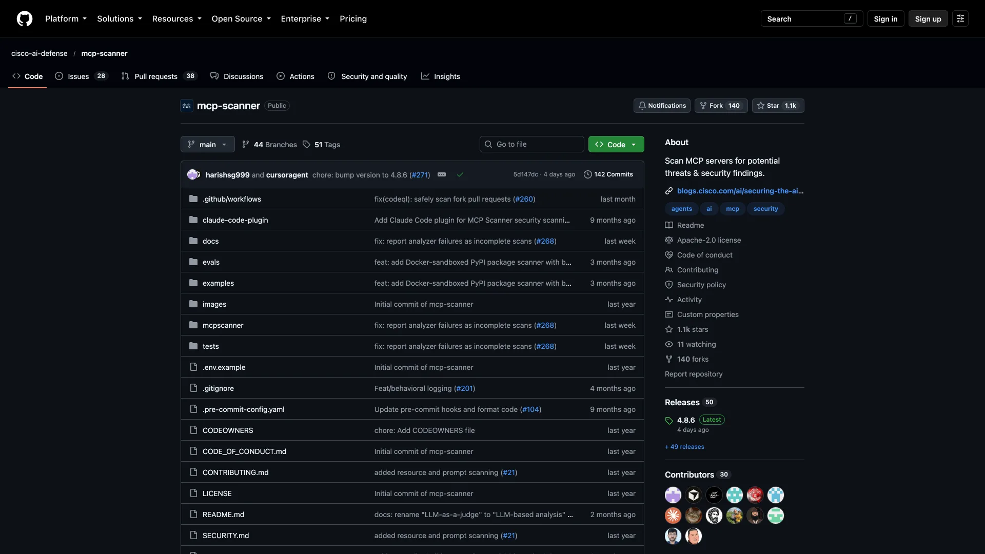 Cisco MCP Scanner GitHub repository showing release 4.8.6 and 1.1k stars