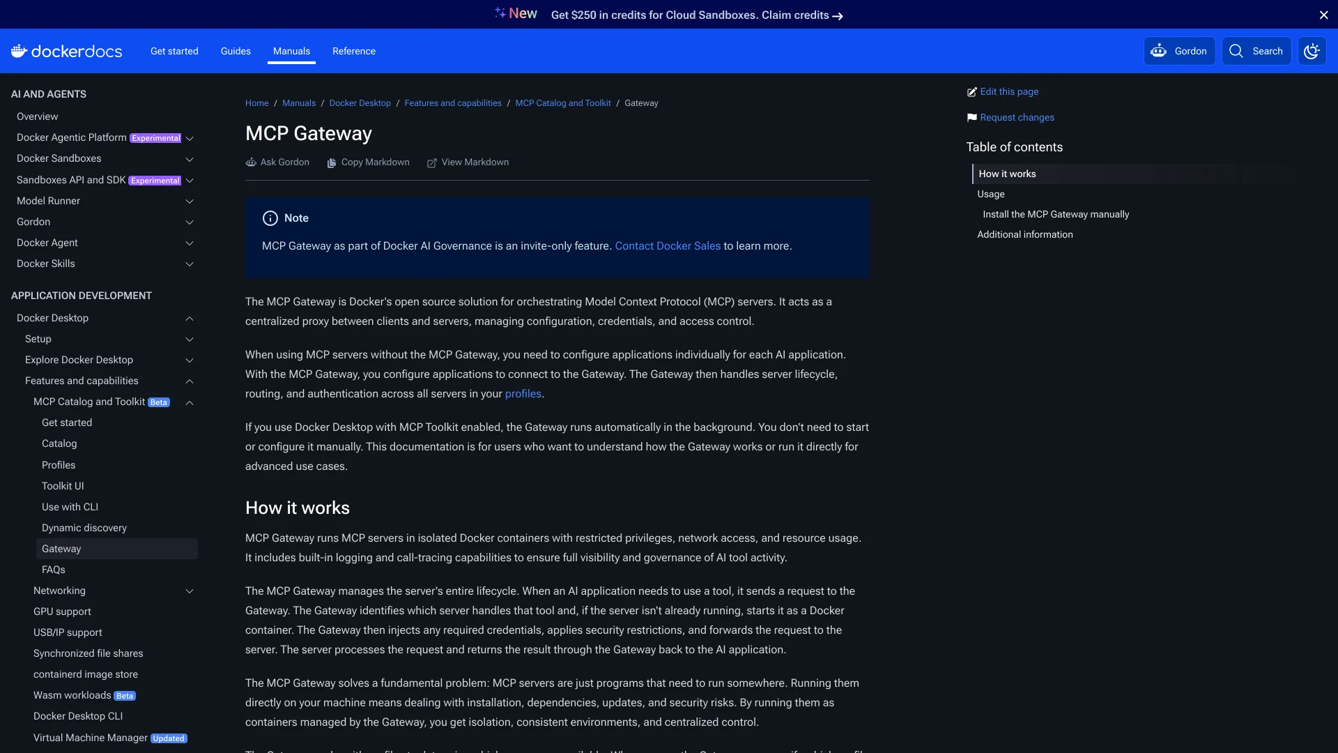 Docker docs page describing MCP Gateway as Docker's open source MCP server orchestrator