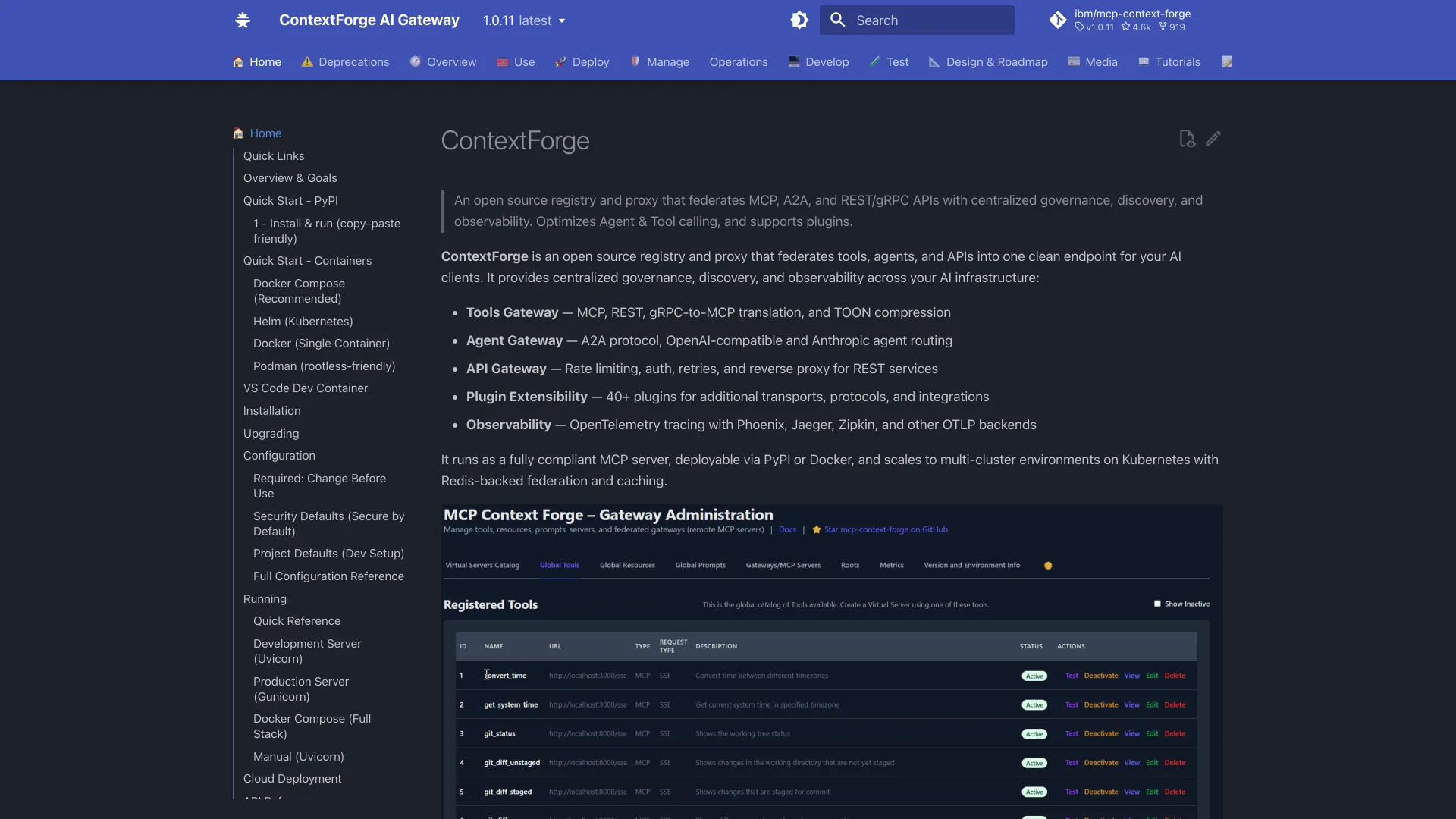 ContextForge 1.0.11 docs homepage listing its gateways above an admin UI tools table