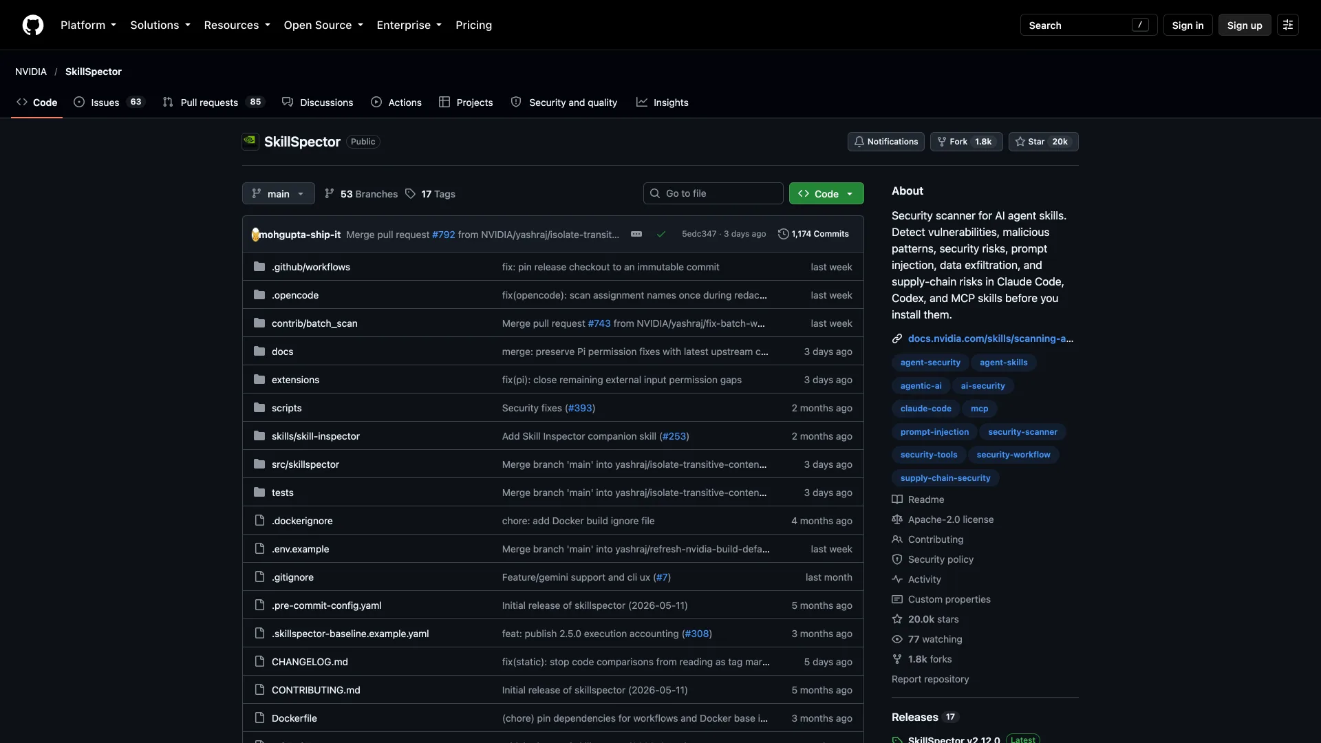 NVIDIA SkillSpector GitHub repository with 20k stars and its agent skill scanner description