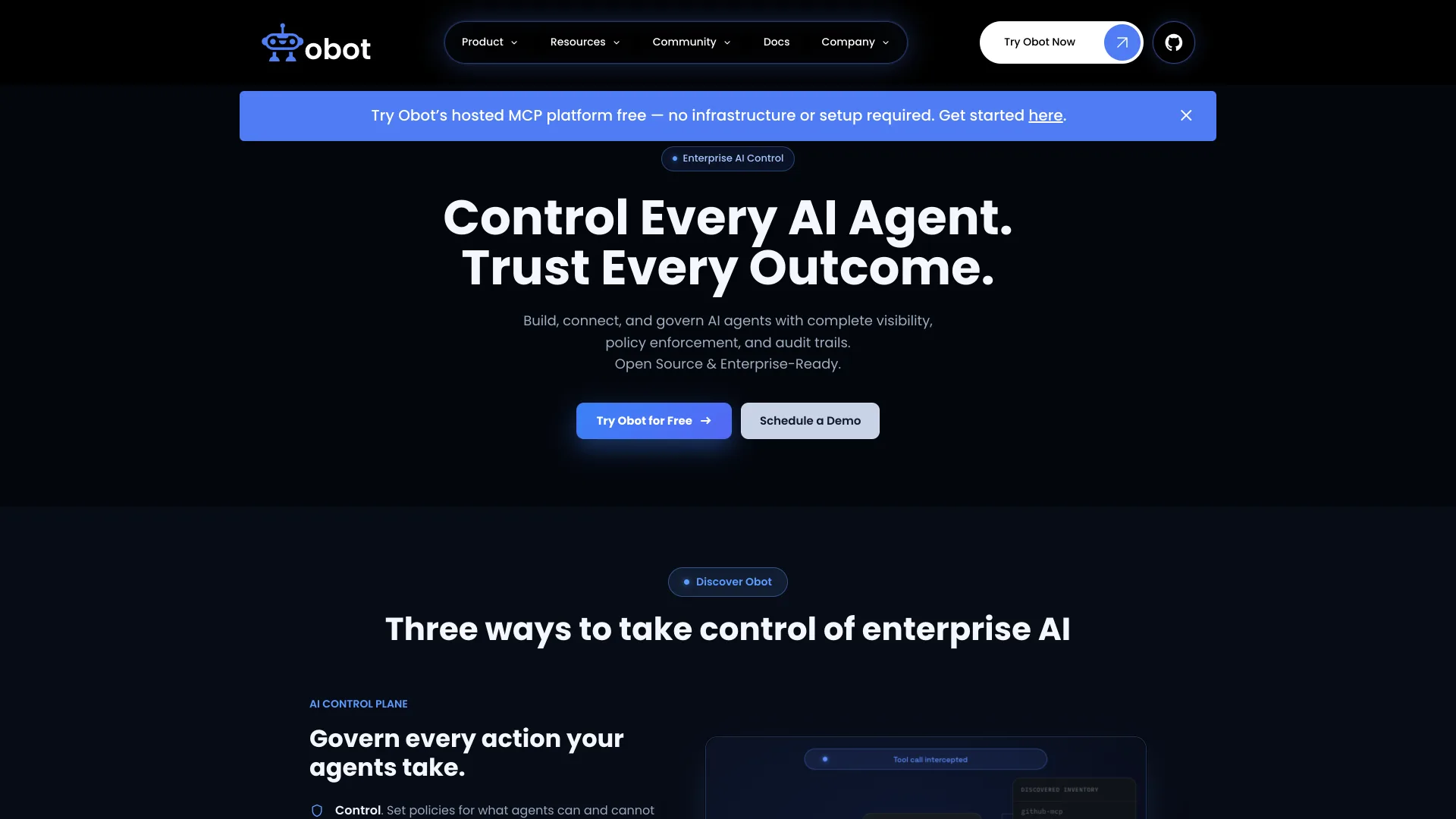 Obot homepage headline "Control Every AI Agent. Trust Every Outcome." with a free trial button