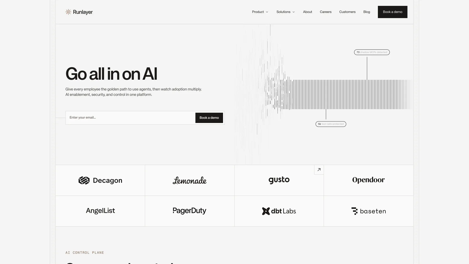 Runlayer homepage headline "Go all in on AI" with a demo form and customer logos