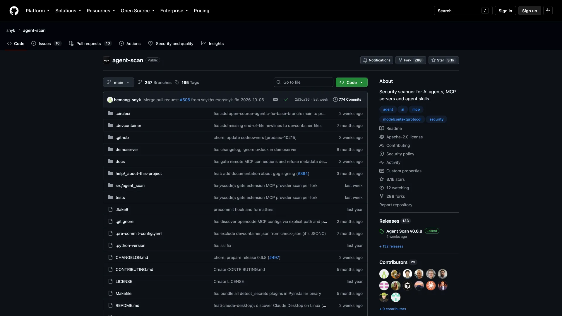 Snyk Agent Scan GitHub repository showing release v0.6.8 and 3.1k stars