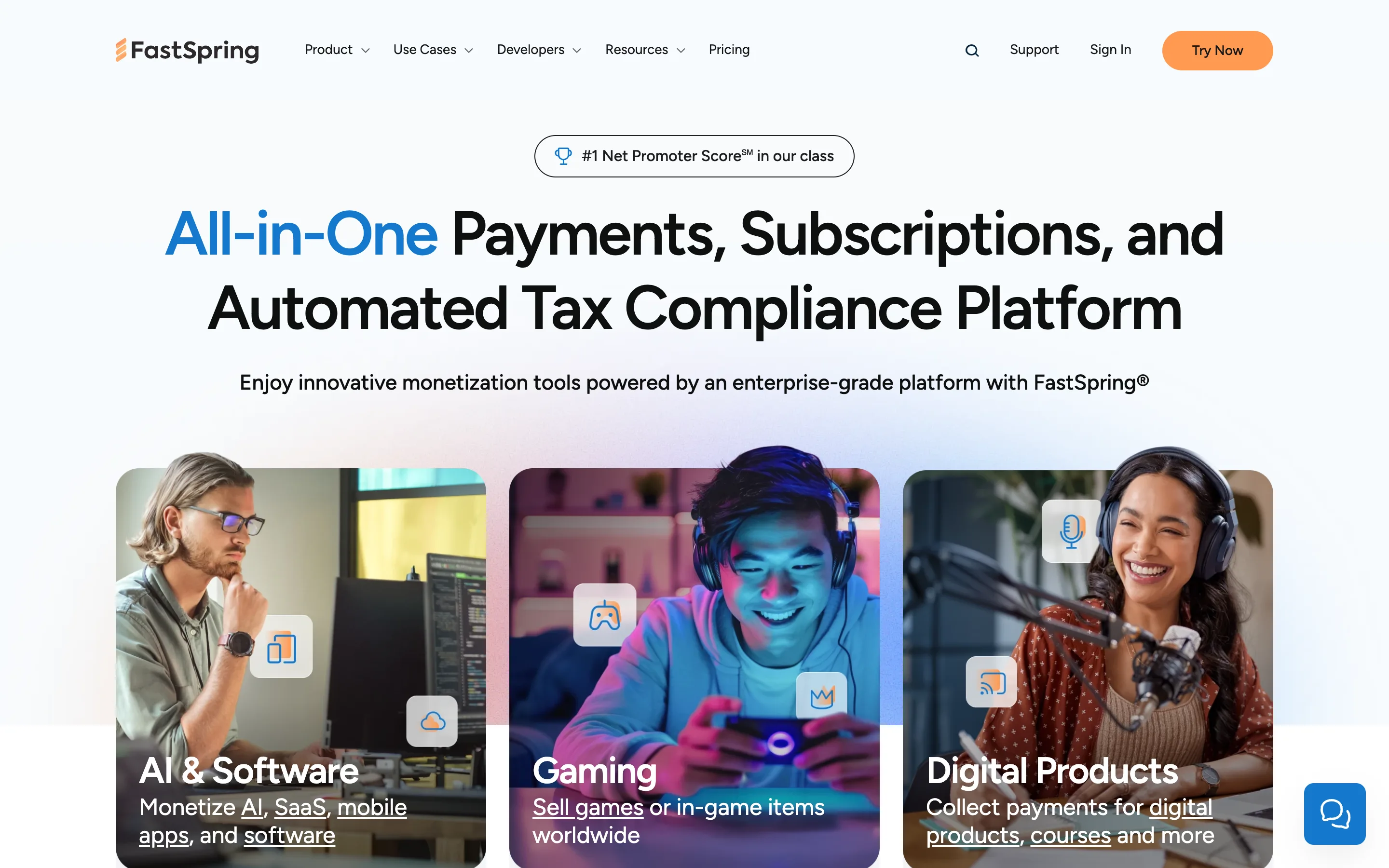 FastSpring homepage describing itself as an "All-in-One Payments, Subscriptions, and Automated Tax Compliance Platform" with a #1 Net Promoter Score badge and use-case cards for AI and software, gaming, and digital products