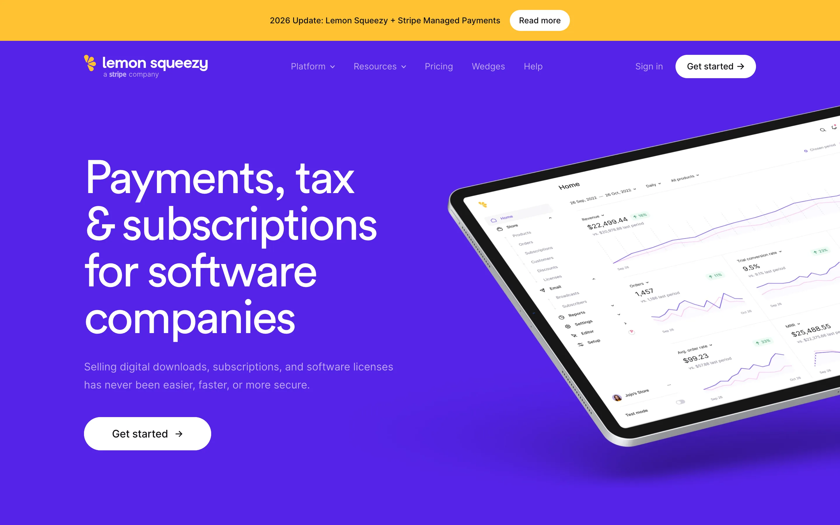 Lemon Squeezy homepage reading "Payments, tax & subscriptions for software companies" with an "a Stripe company" mark under the logo and a banner announcing the 2026 update with Stripe Managed Payments