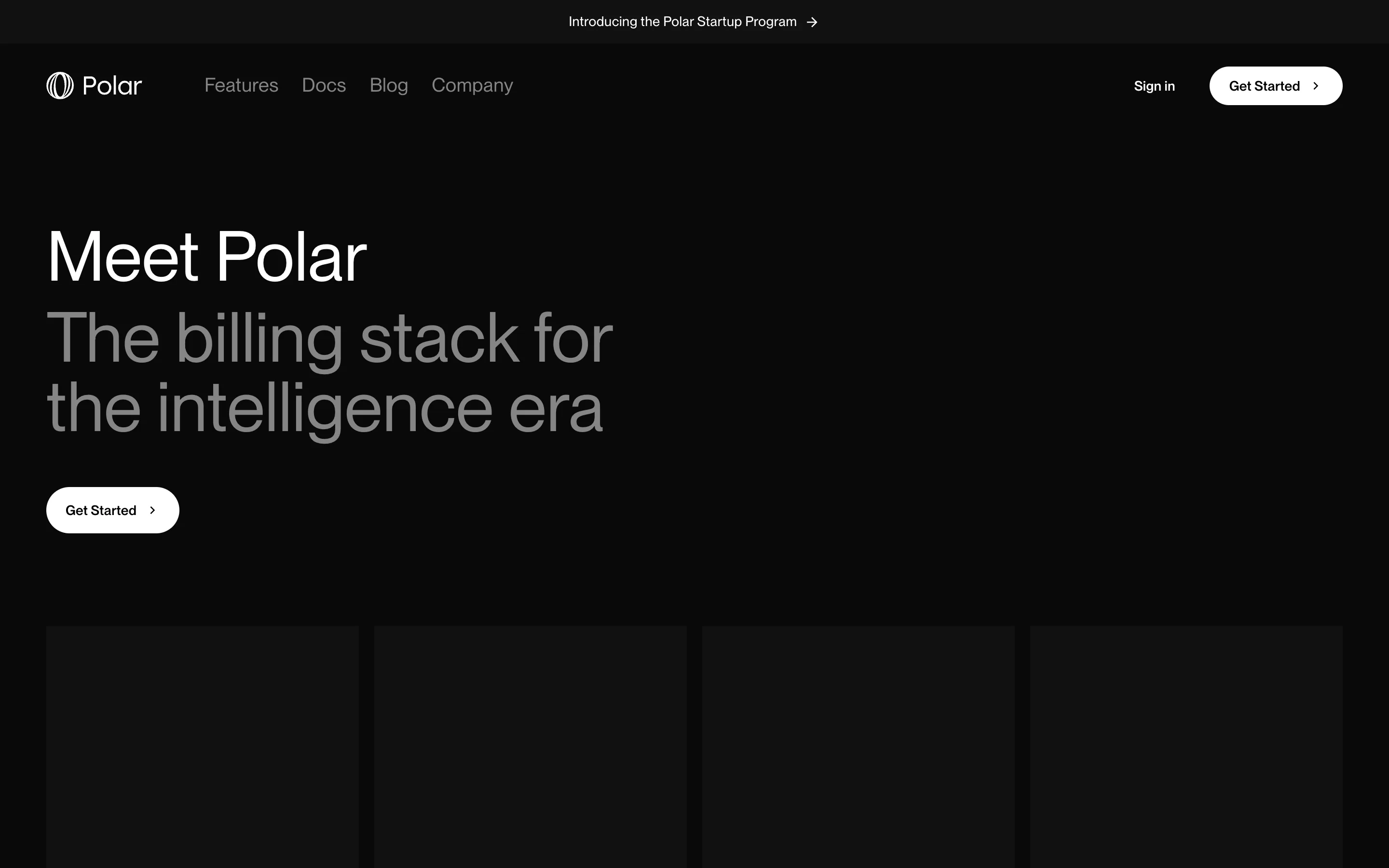 Polar's dark homepage reading "Meet Polar, the billing stack for the intelligence era" with a startup program announcement banner and a Get Started button