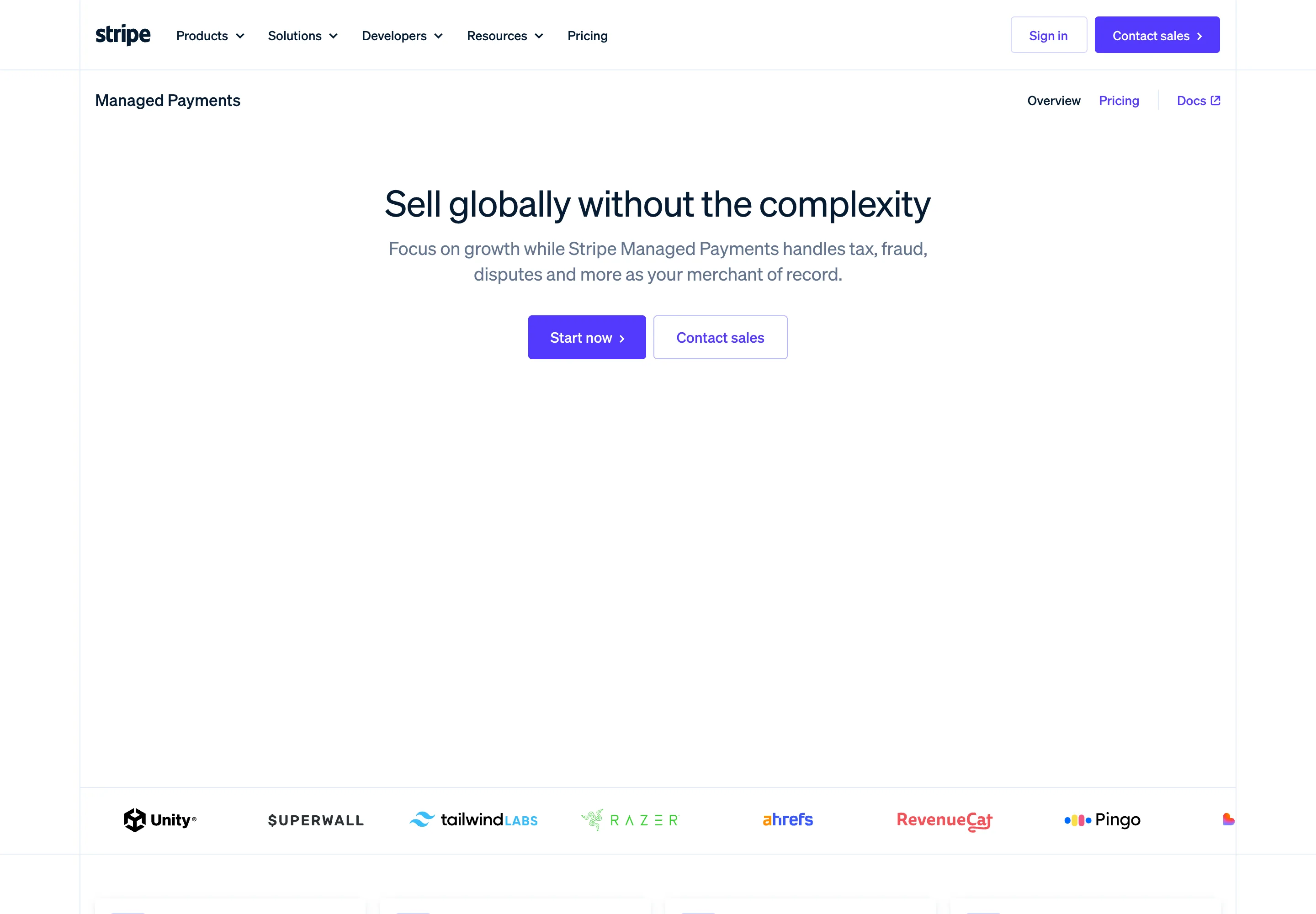 Stripe Managed Payments page reading "Sell globally without the complexity," with customer logos including Unity, Razer, Ahrefs, and RevenueCat