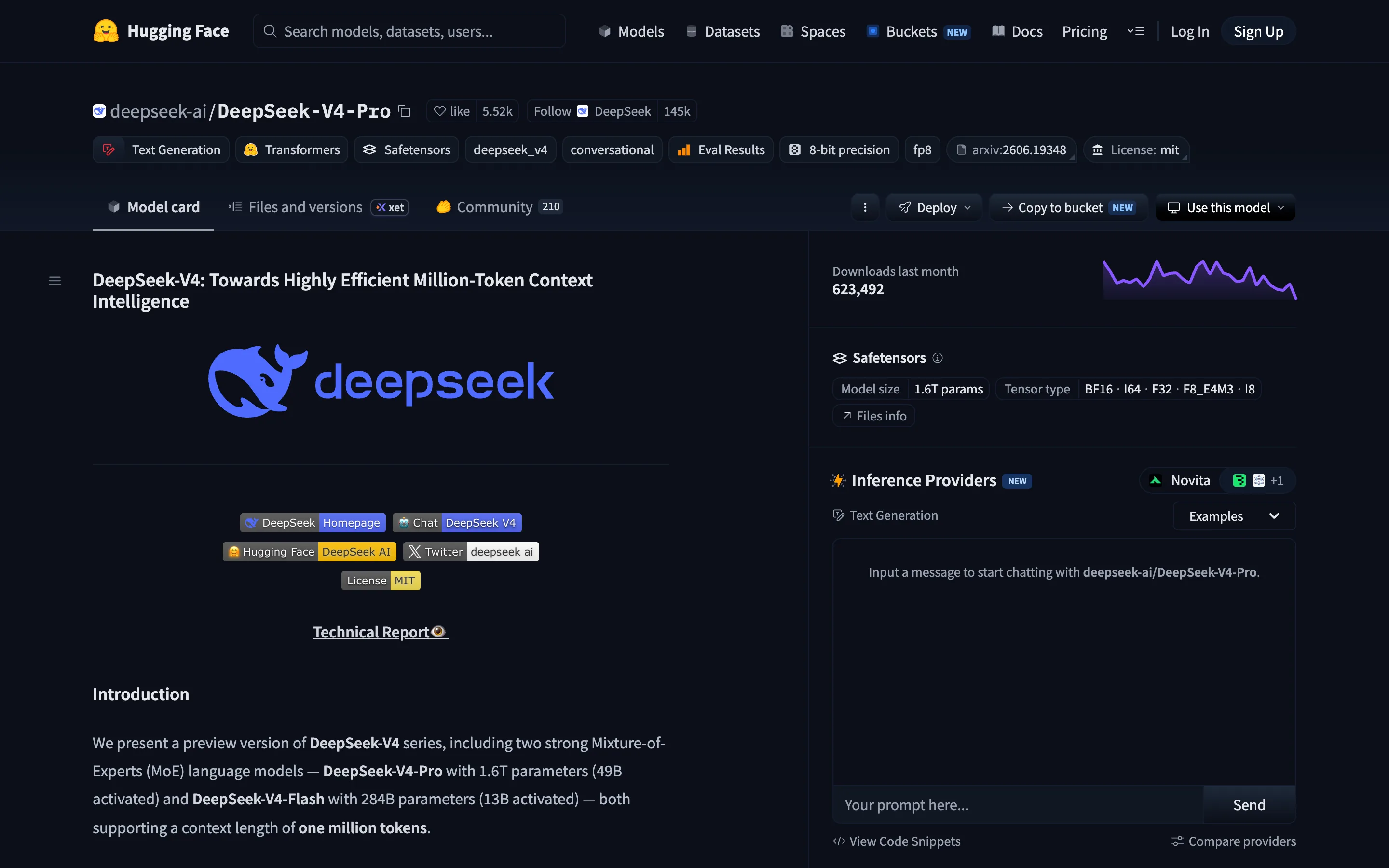 The deepseek-ai/DeepSeek-V4-Pro model card on Hugging Face, showing the MIT license tag, a model size of 1.6T params, and card text describing V4-Pro at 1.6T parameters with 49B activated and a one-million-token context length