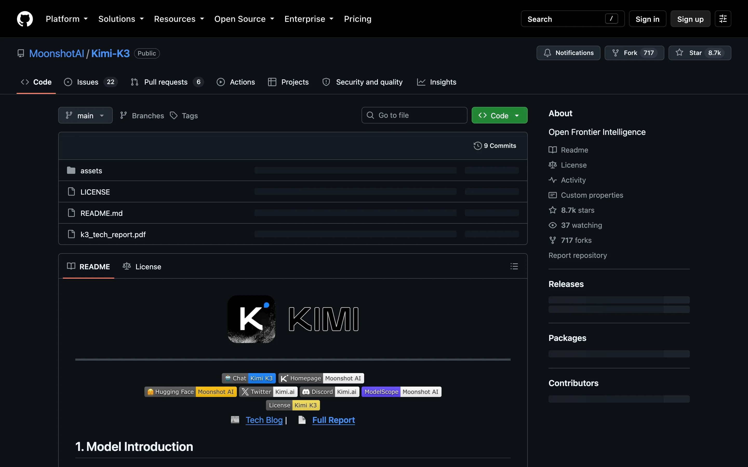 The MoonshotAI Kimi-K3 repository on GitHub, showing the Public badge, the About description "Open Frontier Intelligence", and a file listing with LICENSE, README.md and k3_tech_report.pdf