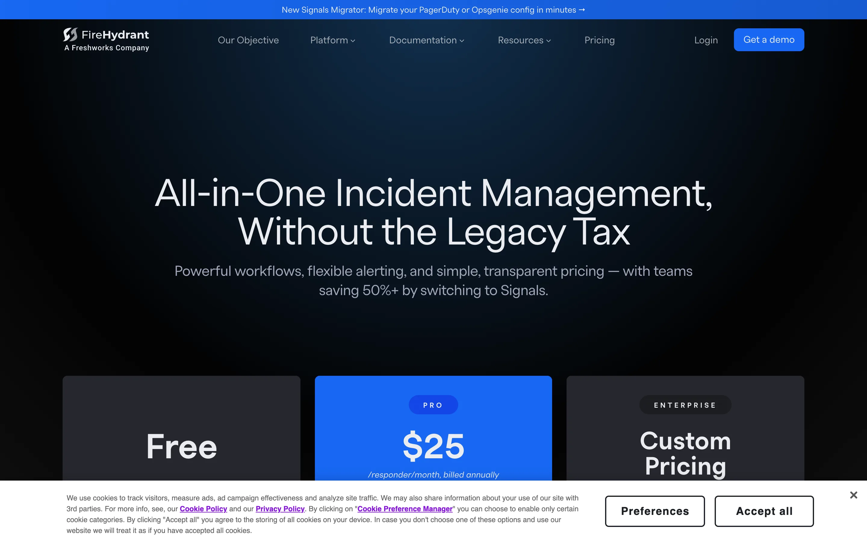 The FireHydrant pricing page, headed "All-in-One Incident Management, Without the Legacy Tax", showing a Free plan, a Pro plan at $25 per responder per month billed annually, and Enterprise custom pricing, with a banner advertising a Signals migrator for PagerDuty and Opsgenie configs