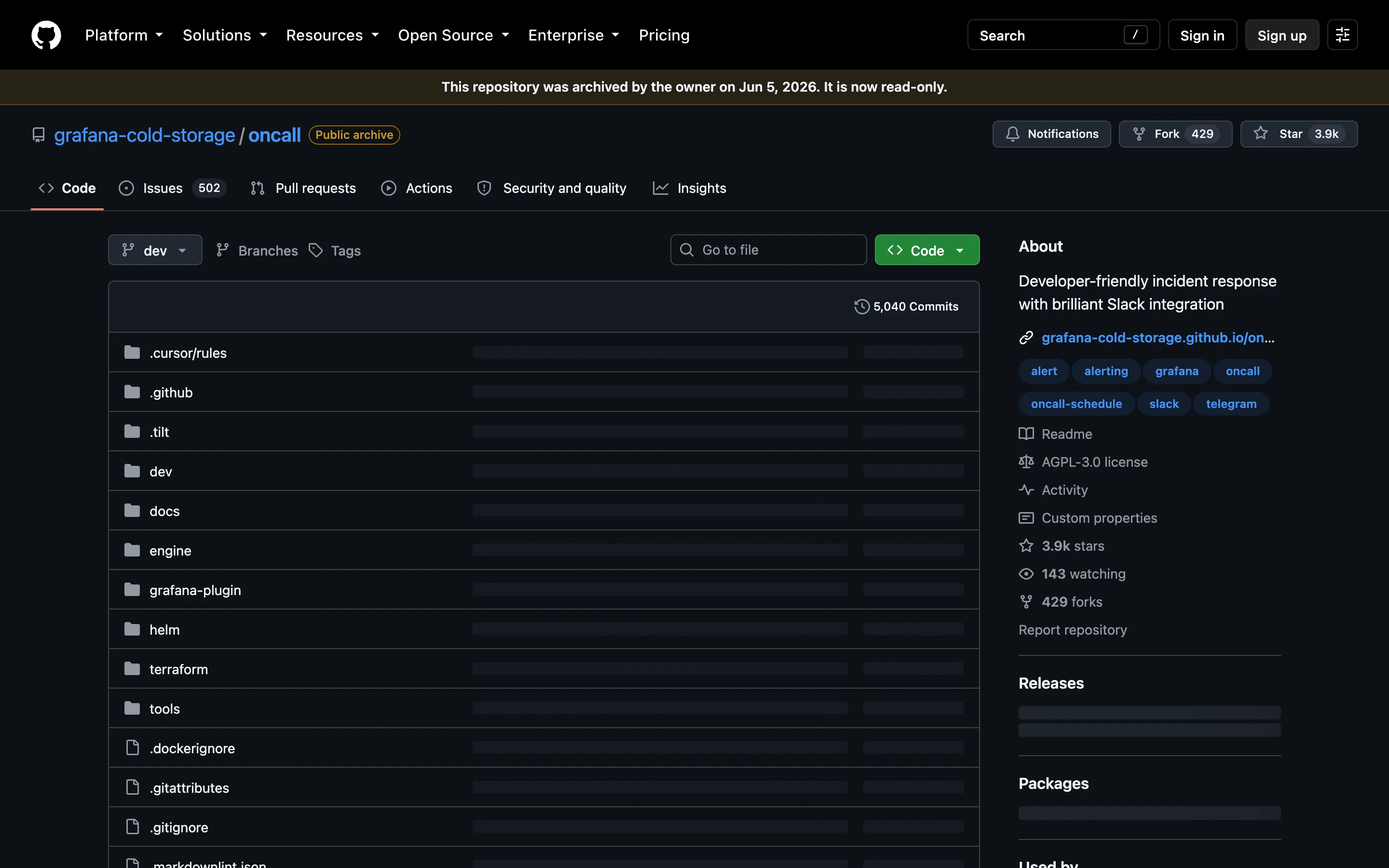 The grafana-cold-storage/oncall repository on GitHub, showing a banner reading "This repository was archived by the owner on Jun 5, 2026. It is now read-only", a Public archive badge next to the repository name, and a sidebar listing the AGPL-3.0 license, 3.9k stars and 429 forks