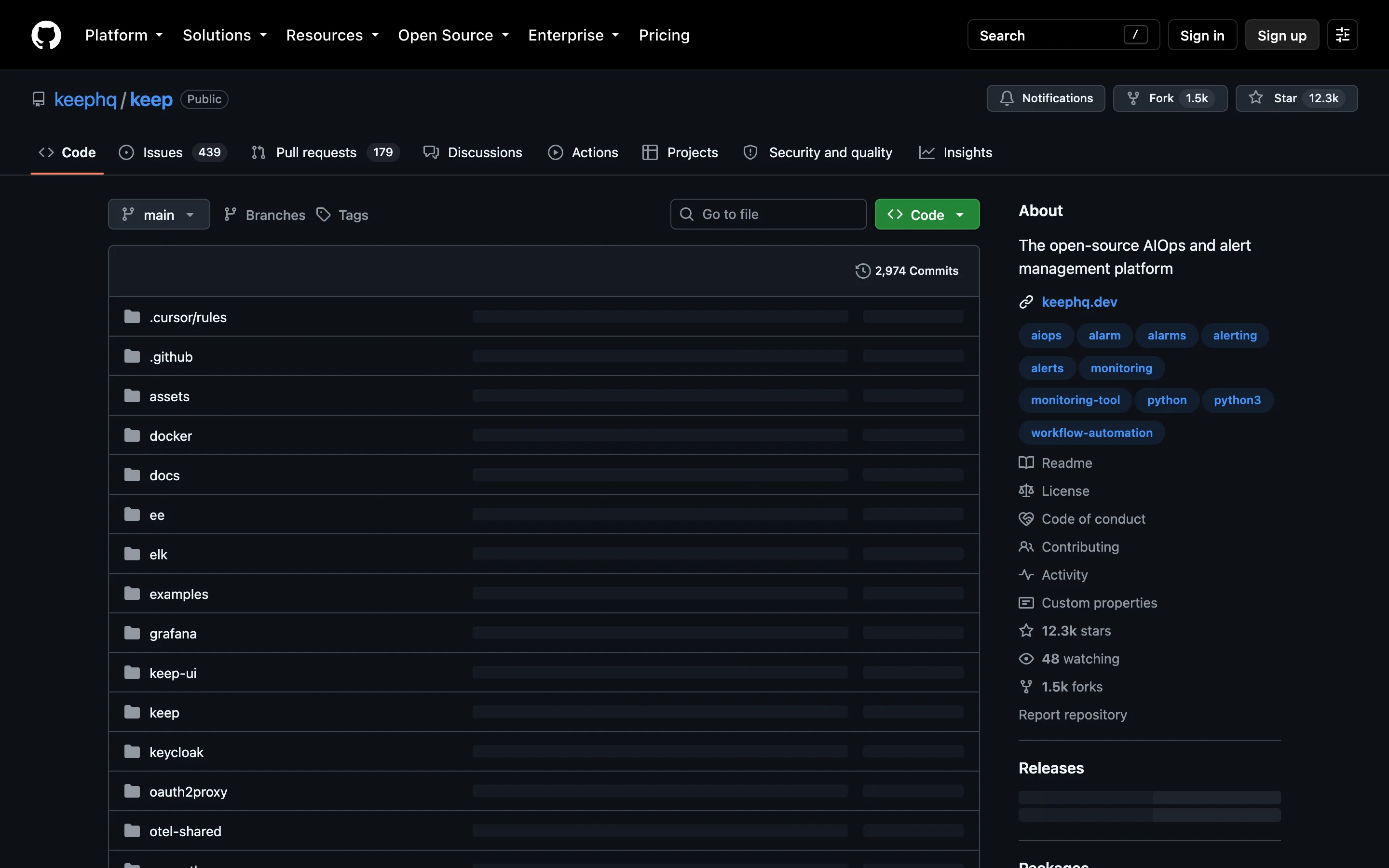 The keephq/keep repository on GitHub, described as "The open-source AIOps and alert management platform", with 12.3k stars, 1.5k forks and an ee directory visible in the file list alongside docker, docs and grafana