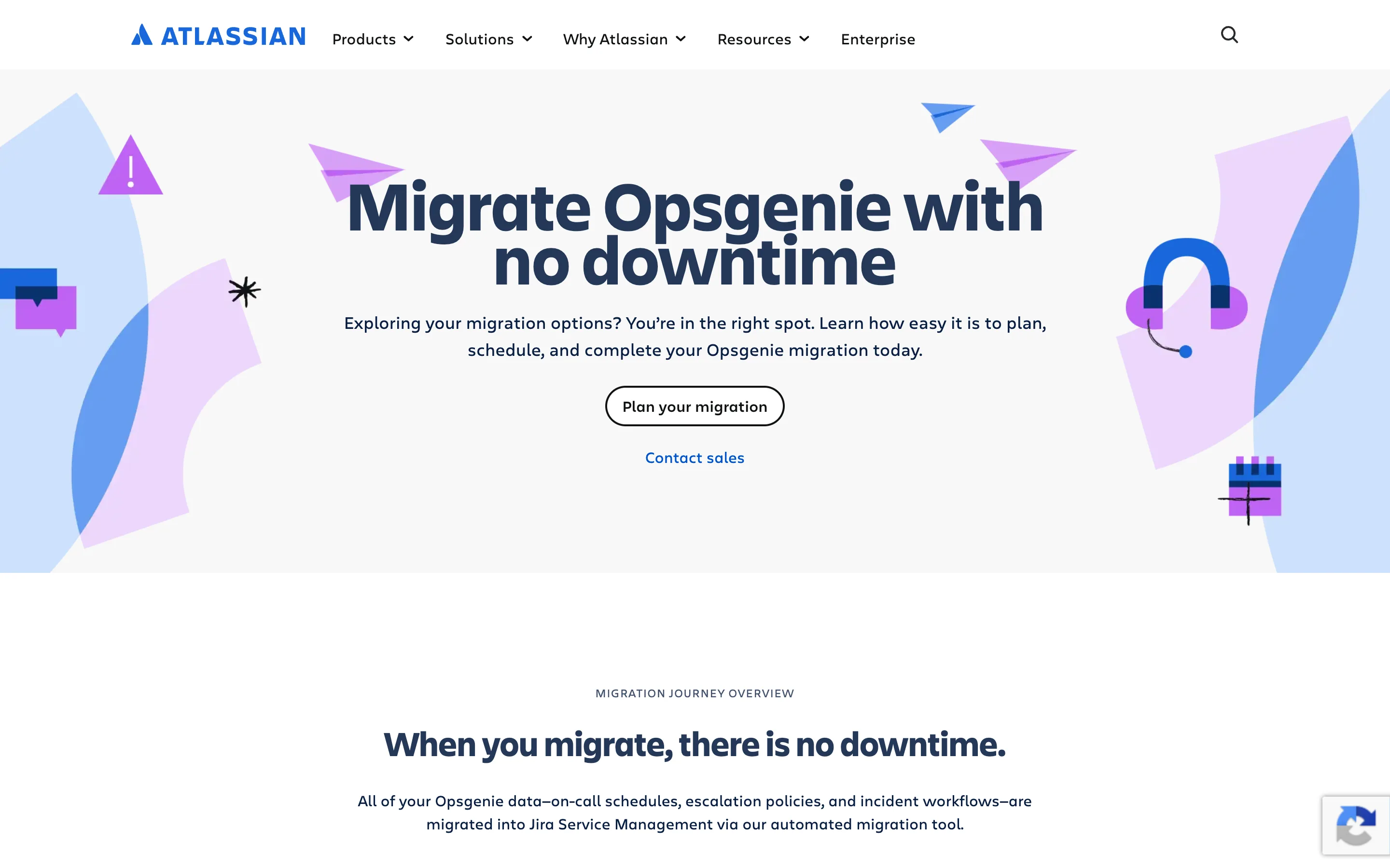 The Atlassian Opsgenie migration page, headed "Migrate Opsgenie with no downtime" with a "Plan your migration" button, and a section below stating that on-call schedules, escalation policies and incident workflows are migrated into Jira Service Management via an automated migration tool