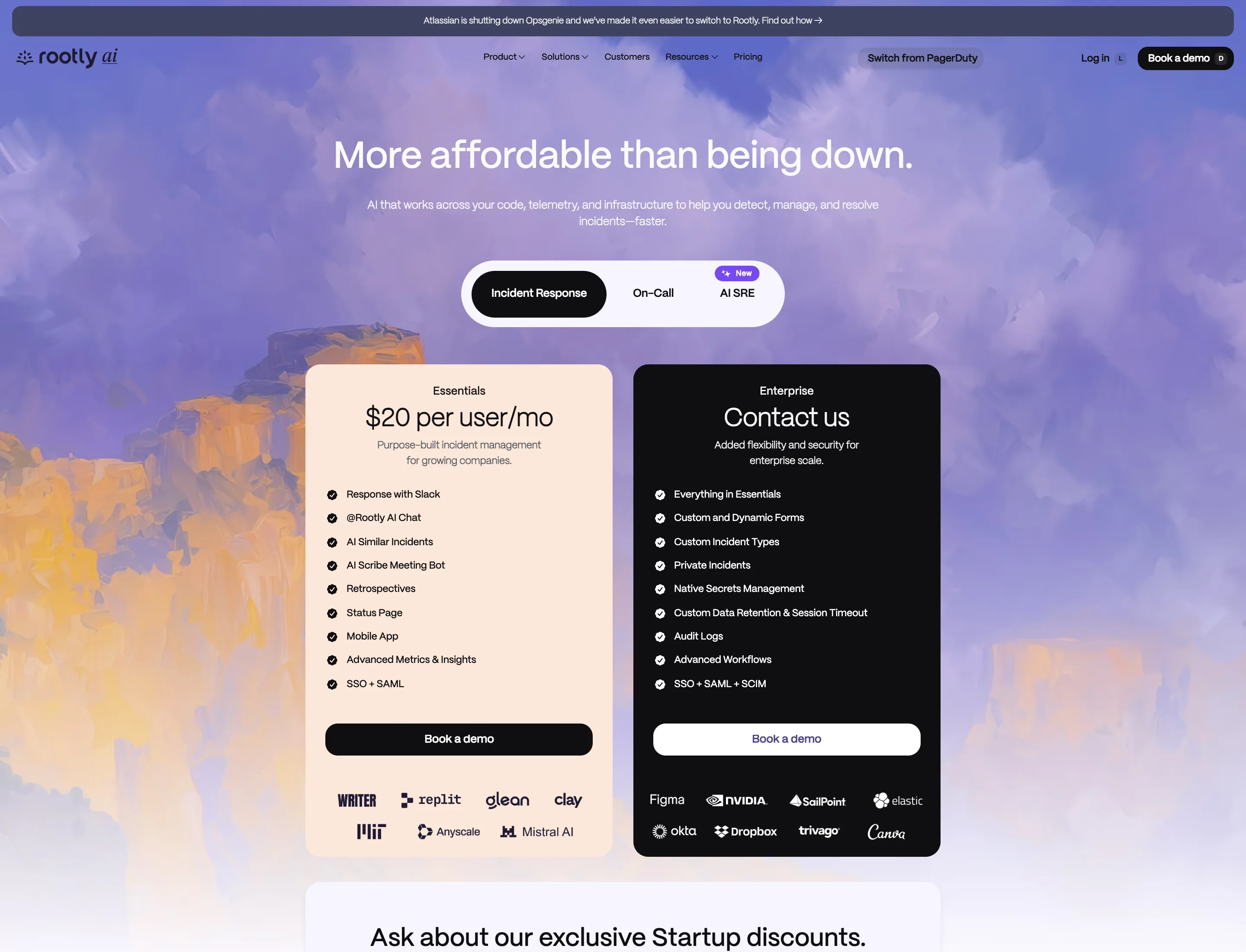 The Rootly pricing page with a site-wide banner reading "Atlassian is shutting down Opsgenie and we have made it even easier to switch to Rootly", above an Essentials plan at $20 per user per month and an Enterprise plan priced on request