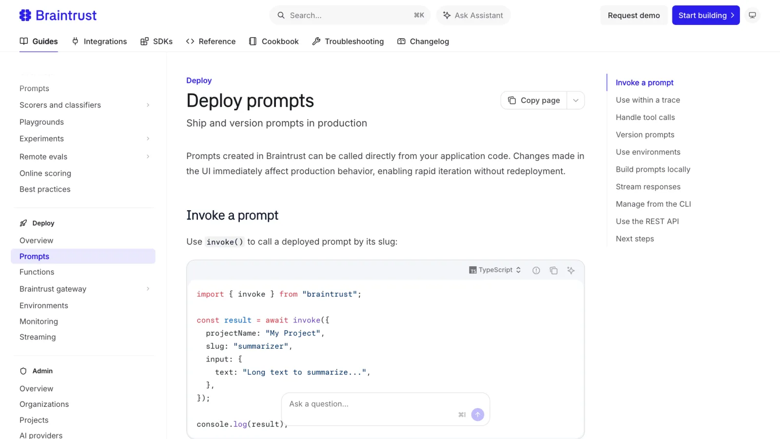Braintrust documentation page for deploying prompts, showing the invoke() TypeScript example and the environments sidebar