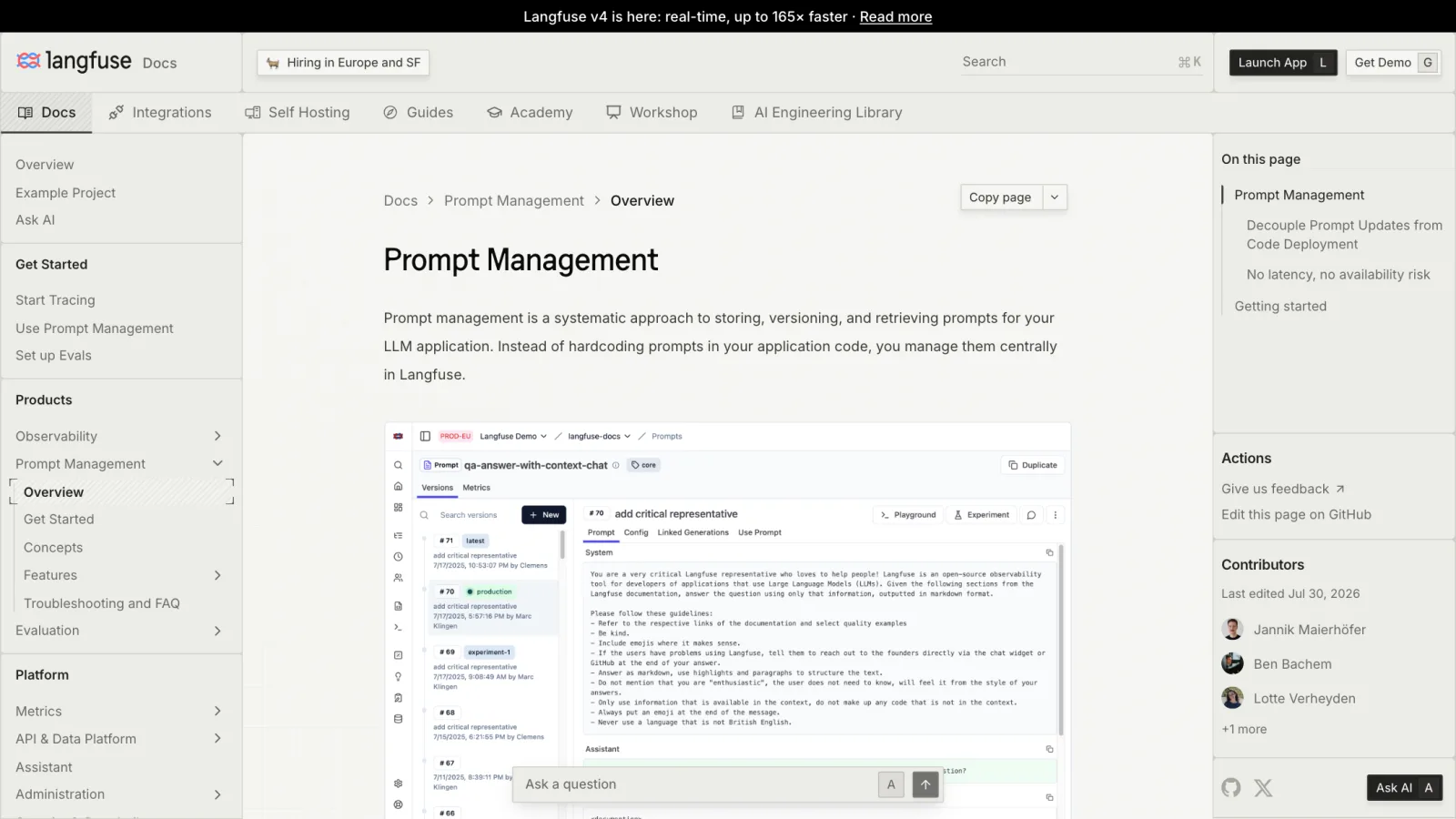 Langfuse prompt management documentation showing version history with production and experiment labels on a chat prompt