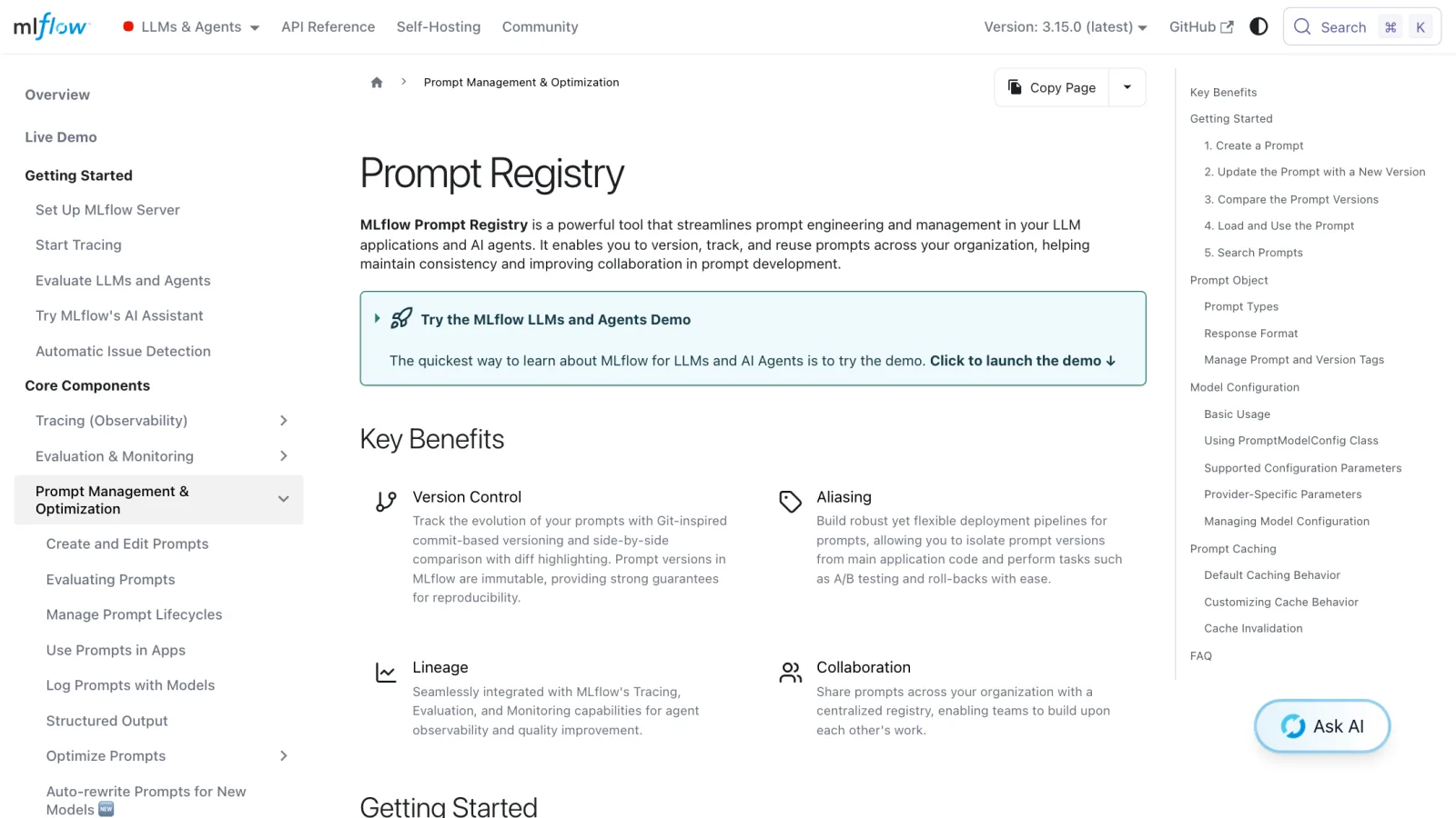 MLflow 3.15 documentation for the Prompt Registry, listing version control, aliasing, lineage, and collaboration benefits