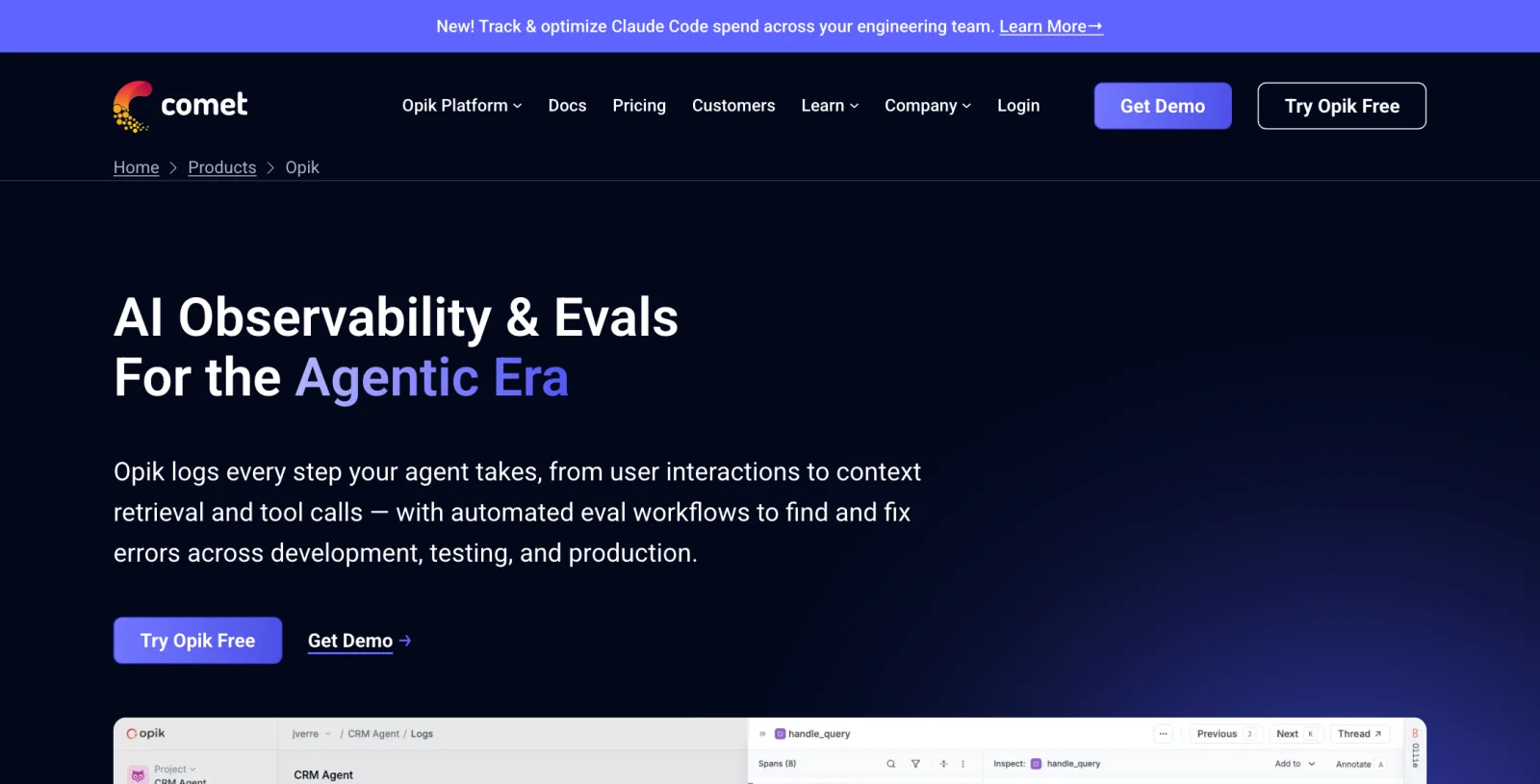 Comet Opik product page headlined "AI Observability & Evals For the Agentic Era" with an agent trace view