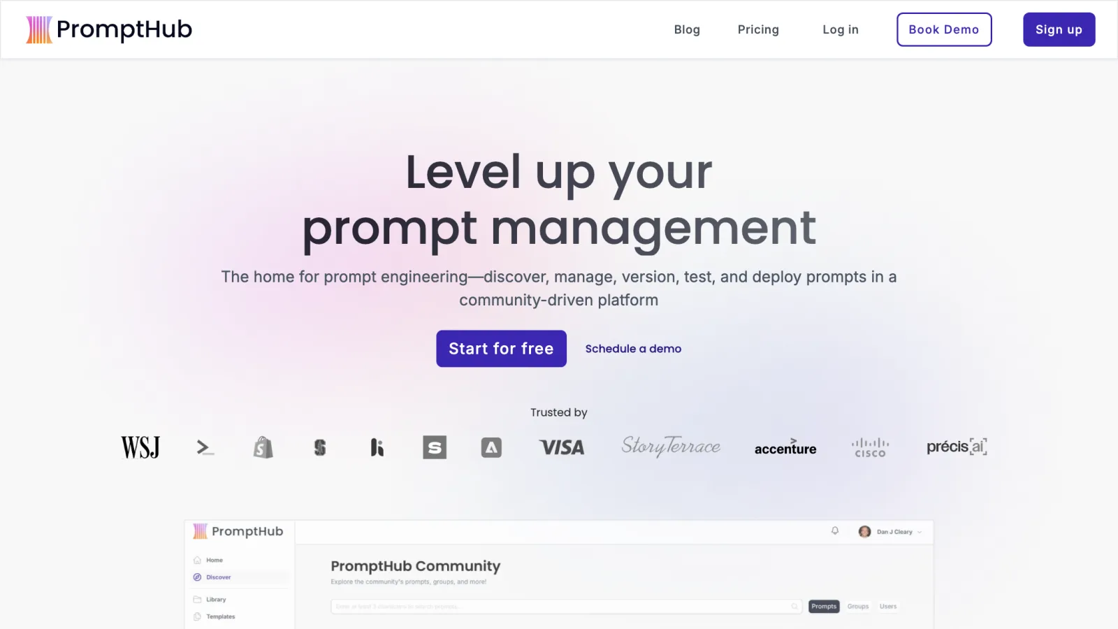 PromptHub homepage with the headline "Level up your prompt management" and logos for WSJ, Visa, Accenture, and Cisco