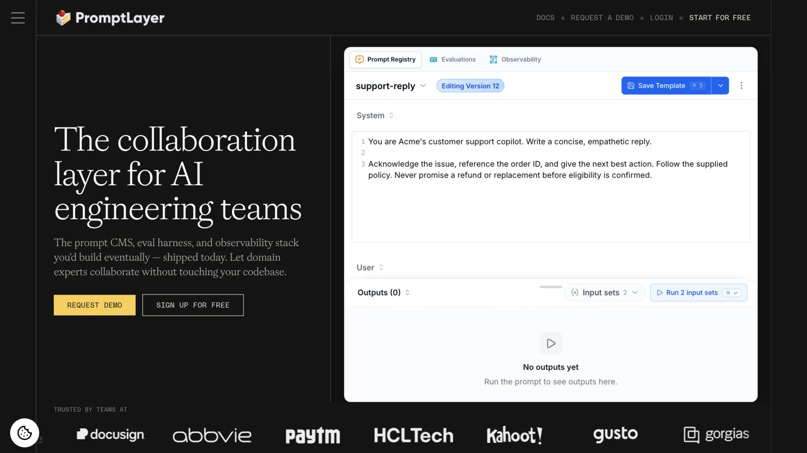 PromptLayer homepage showing the prompt registry editing version 12 of a support-reply template, with evaluations and observability tabs