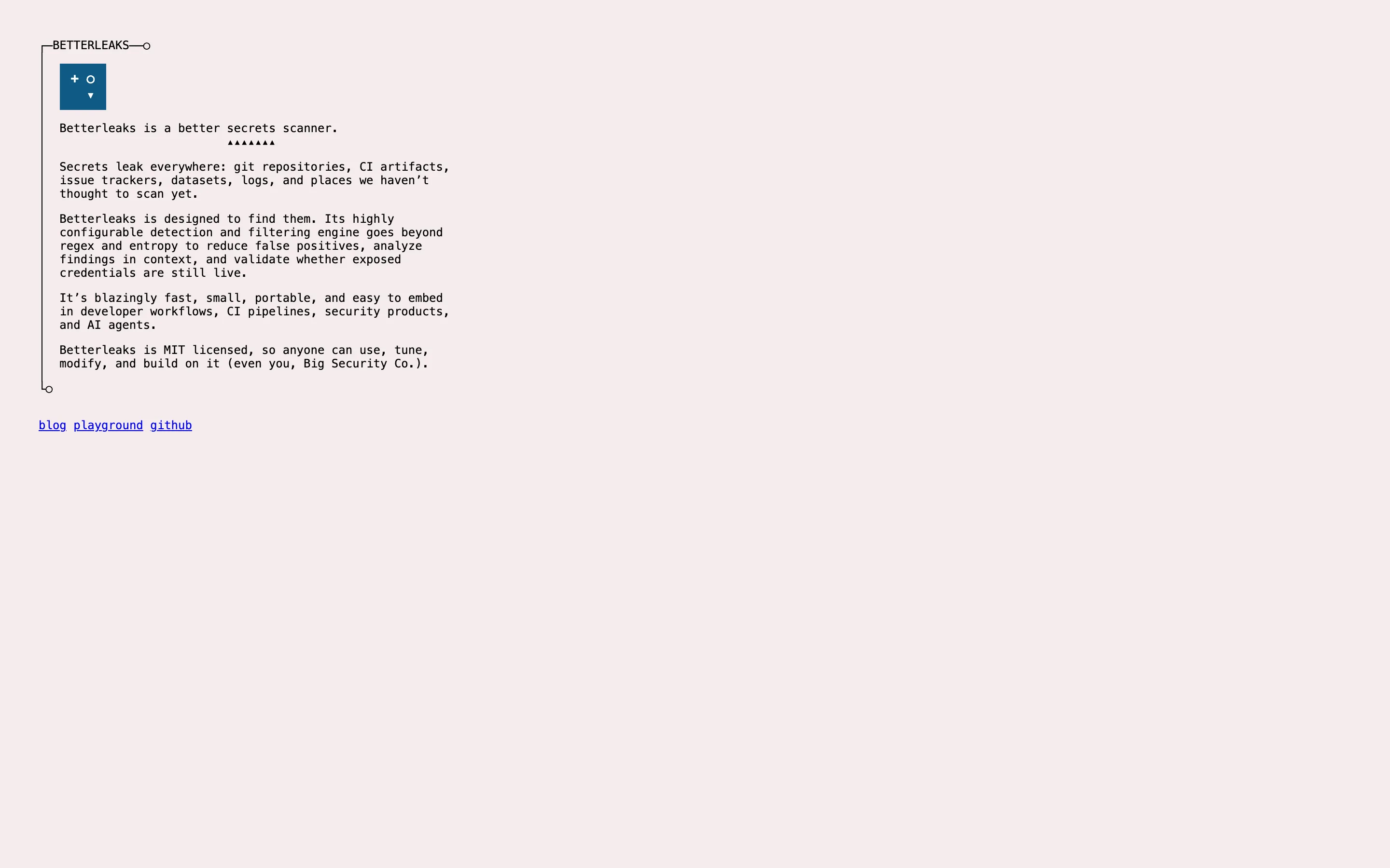 Betterleaks homepage in monospace text reading "Betterleaks is a better secrets scanner" and noting it is MIT licensed