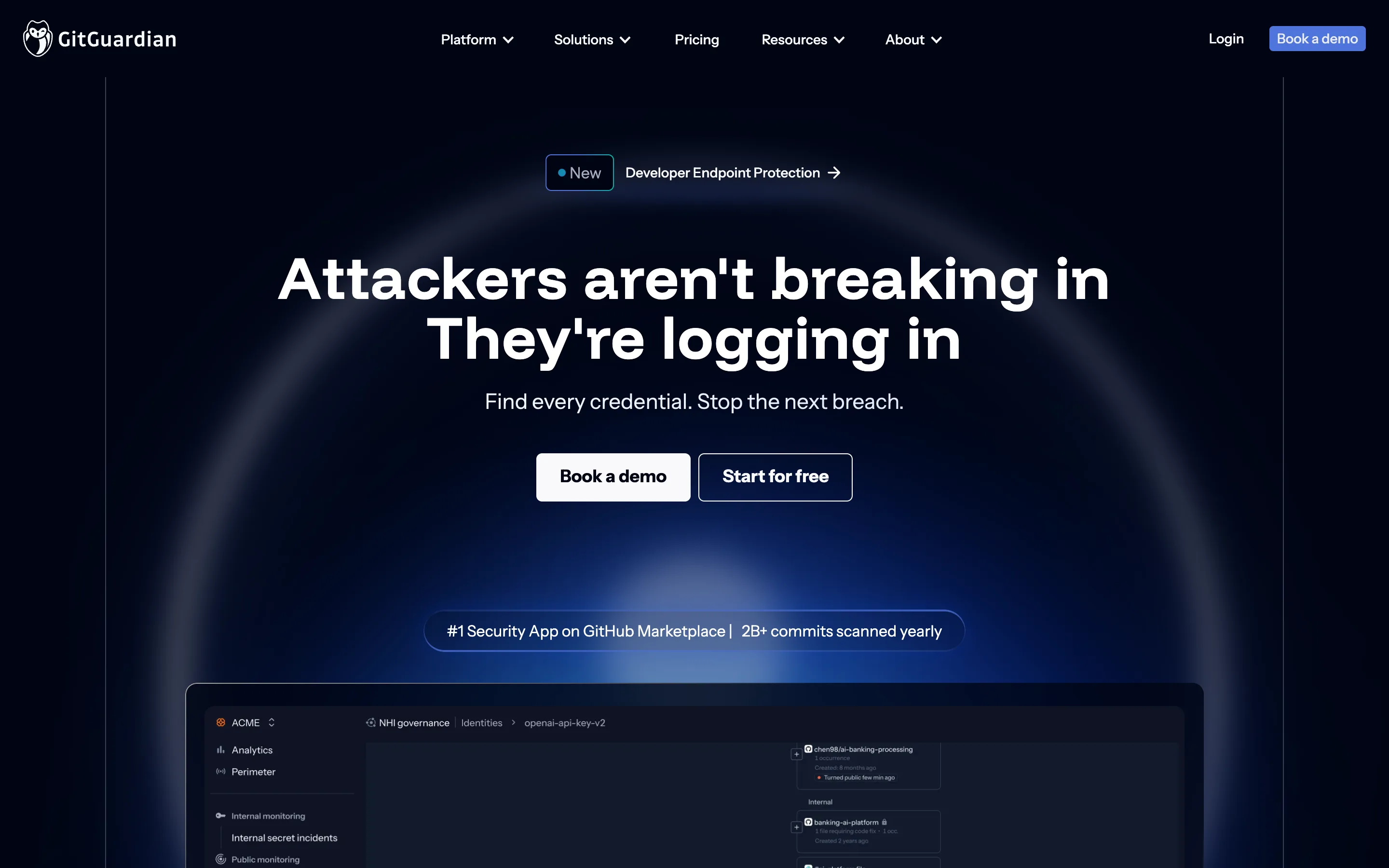 GitGuardian homepage with the headline "Attackers aren't breaking in. They're logging in" and a "#1 Security App on GitHub Marketplace | 2B+ commits scanned yearly" banner