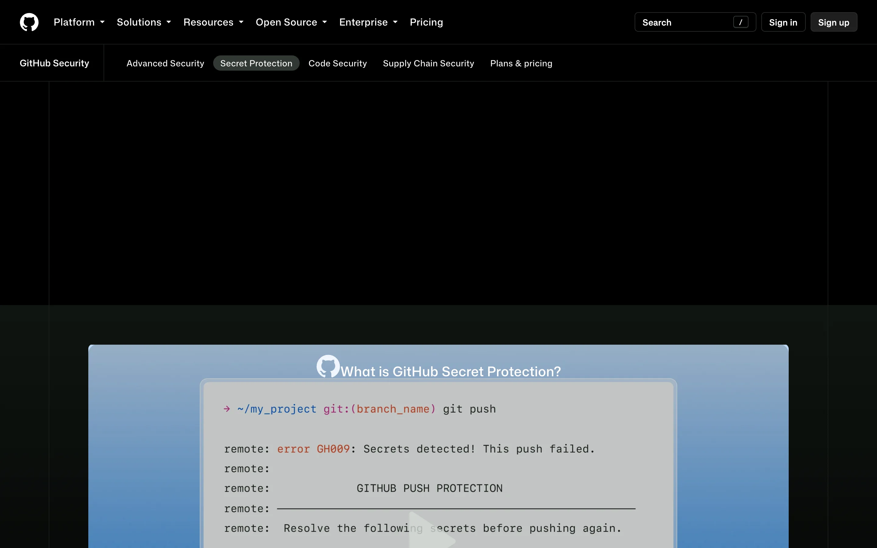 GitHub Secret Protection product page showing a terminal where git push fails with "error GH009: Secrets detected! This push failed" under a GITHUB PUSH PROTECTION banner
