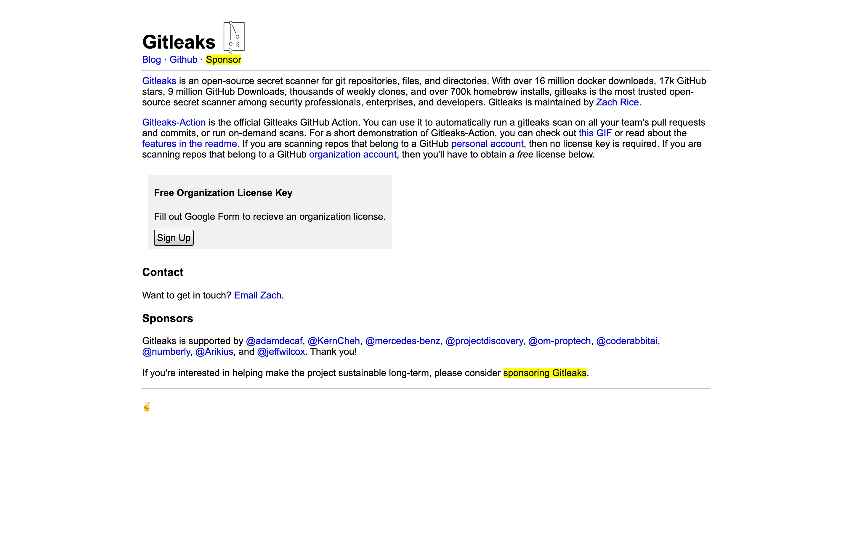 Gitleaks homepage describing it as "an open-source secret scanner for git repositories, files, and directories" with a Free Organization License Key form for Gitleaks-Action