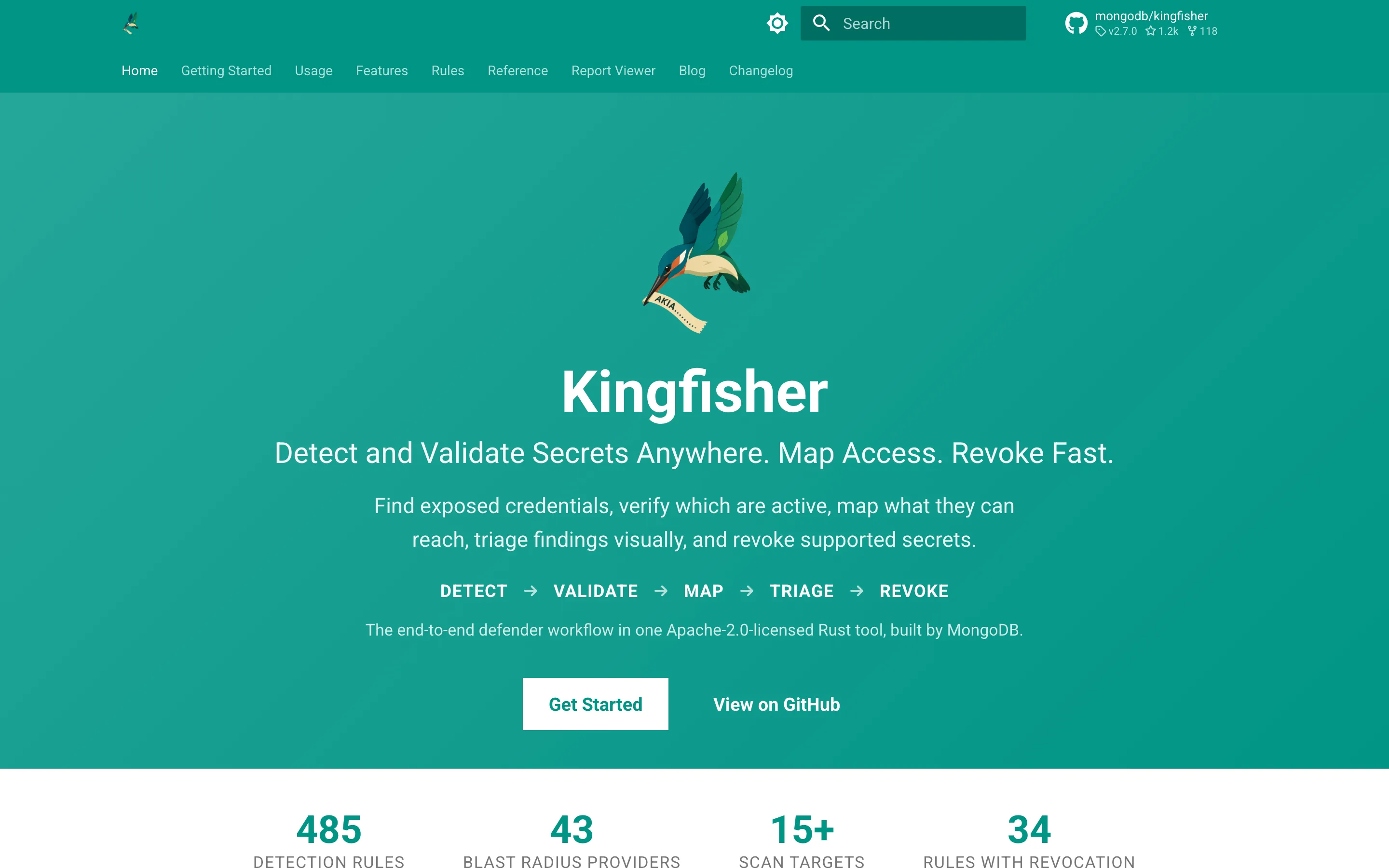 Kingfisher documentation homepage with the headline "Detect and Validate Secrets Anywhere. Map Access. Revoke Fast." and counters for 485 detection rules, 43 blast radius providers and 34 rules with revocation