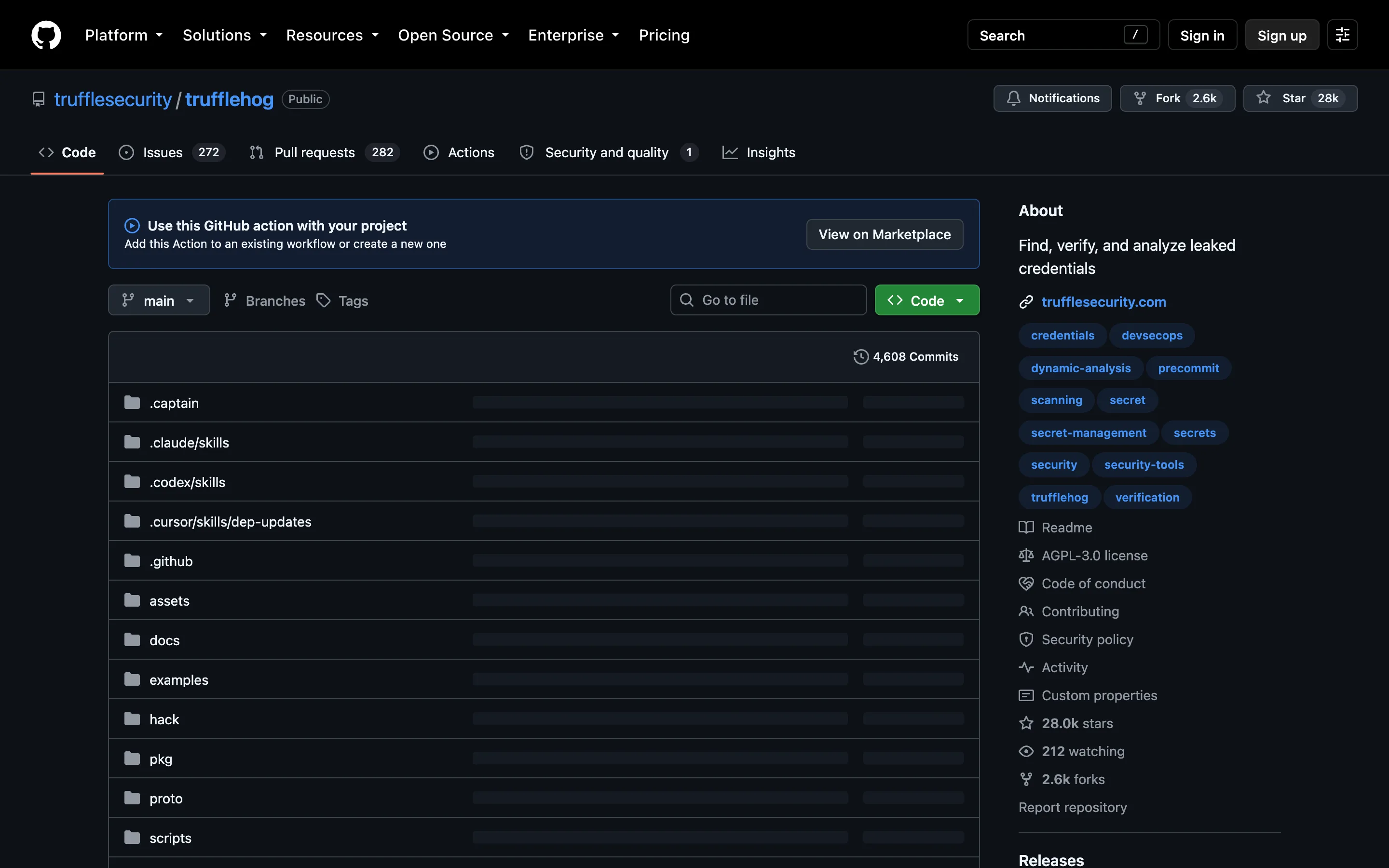TruffleHog GitHub repository page showing the tagline "Find, verify, and analyze leaked credentials", an AGPL-3.0 license and 28.0k stars