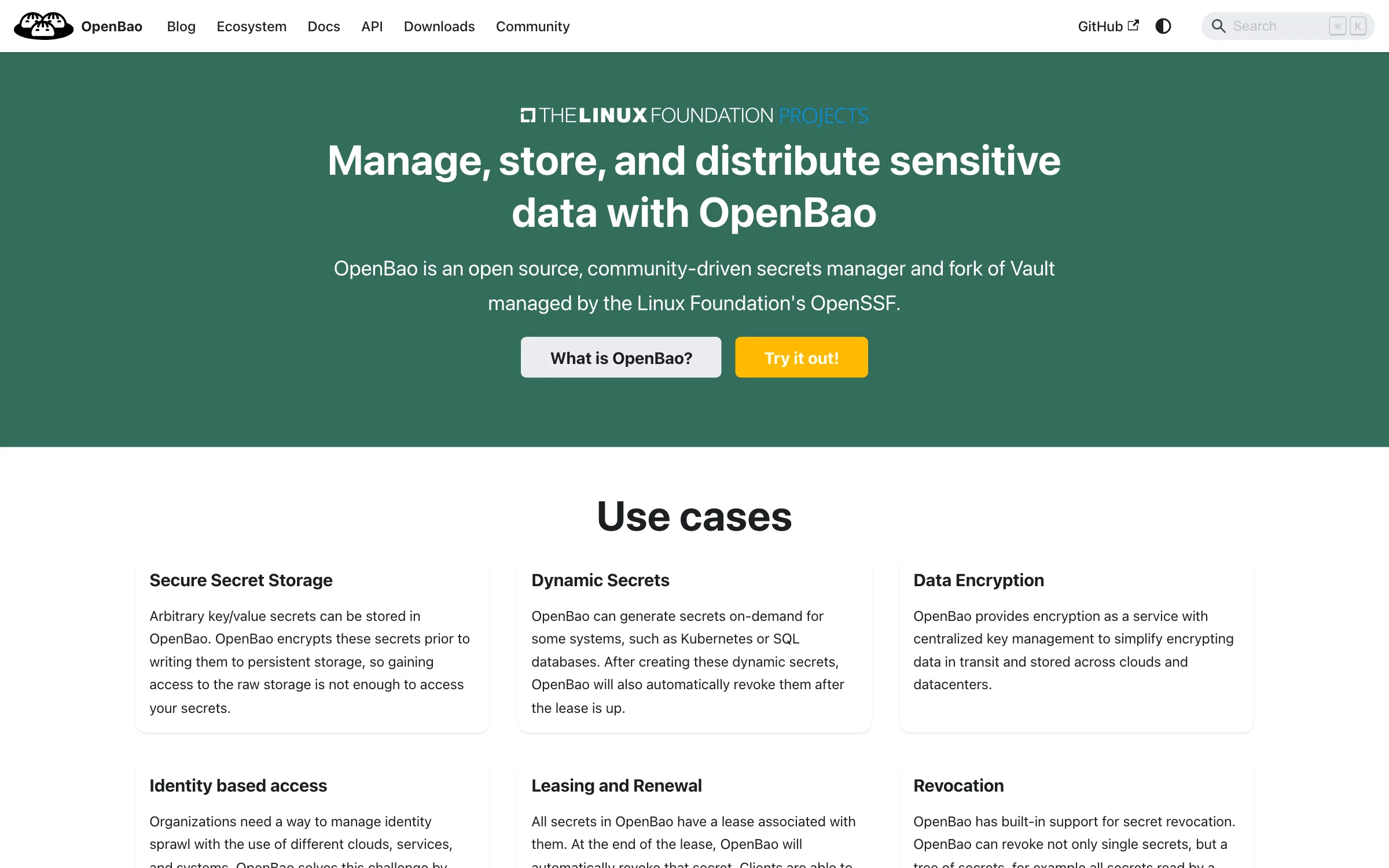 The OpenBao homepage, describing a community-driven secrets manager and fork of Vault managed under the Linux Foundation's OpenSSF, with sponsors including GitLab, SAP and Proton