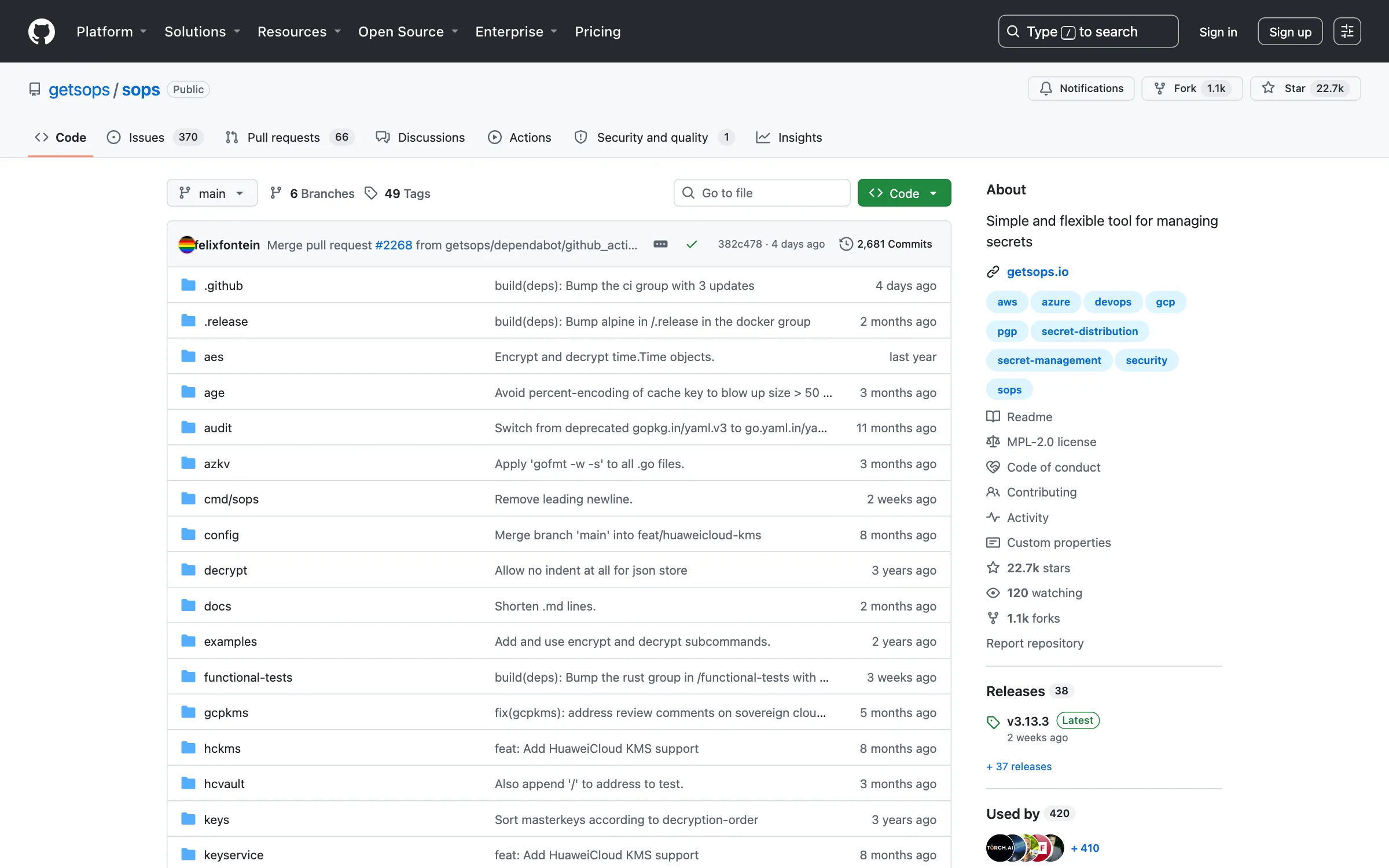 The getsops/sops repository on GitHub, the CNCF sandbox tool for encrypting values inside YAML, JSON, ENV and INI files