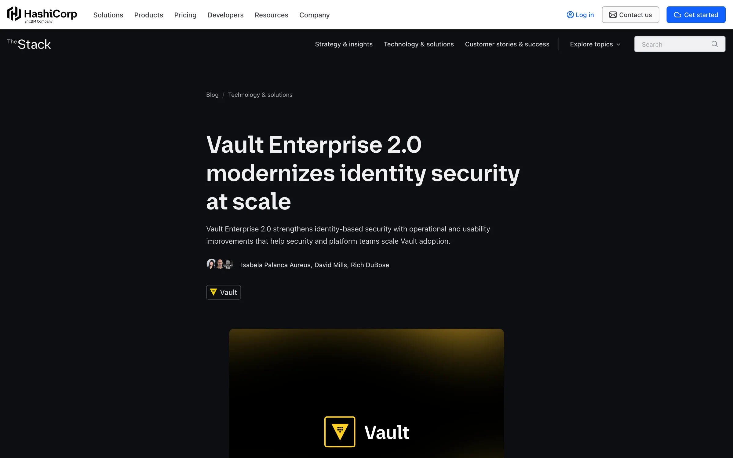 The HashiCorp blog post announcing Vault Enterprise 2.0, with workload identity federation, Linux credential rotation and a SPIFFE secrets engine